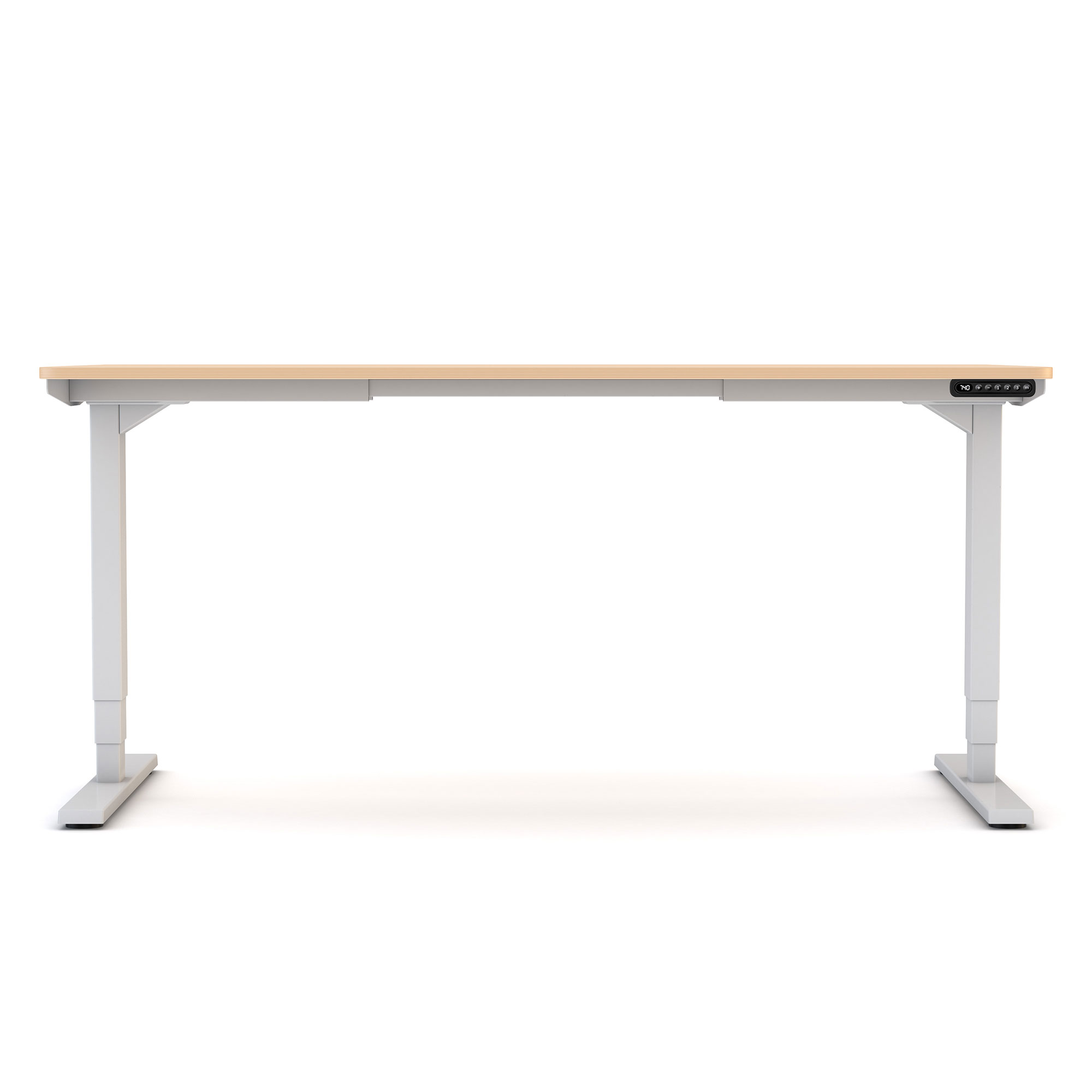 Ein verstellbarer Schreibtisch mit einer hellen Tischplatte und grauen Beinen.