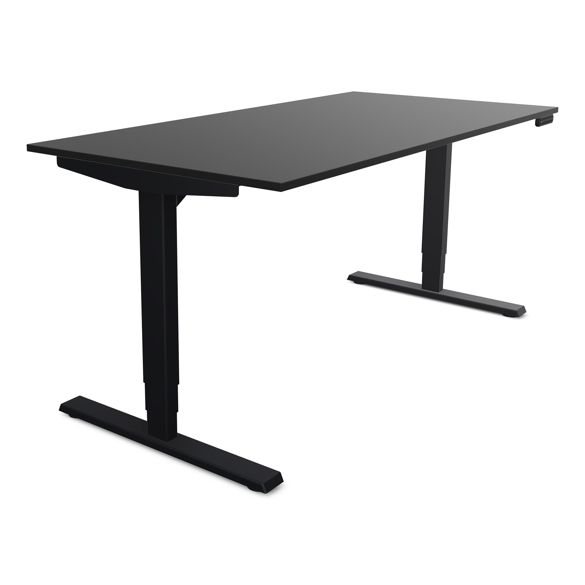 Elektrisch höhenverstellbarer Schreibtisch Y-Line Ein schwarzer Schreibtisch mit einem modernen Design und verstellbaren Beinen.