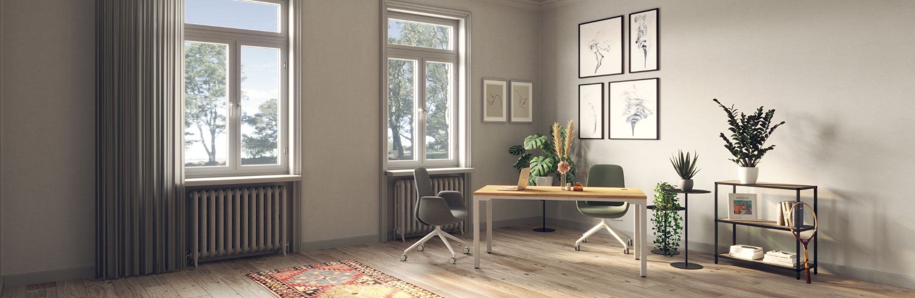 Modernes Homeoffice mit großem Fenster, Schreibtisch und Pflanzen.