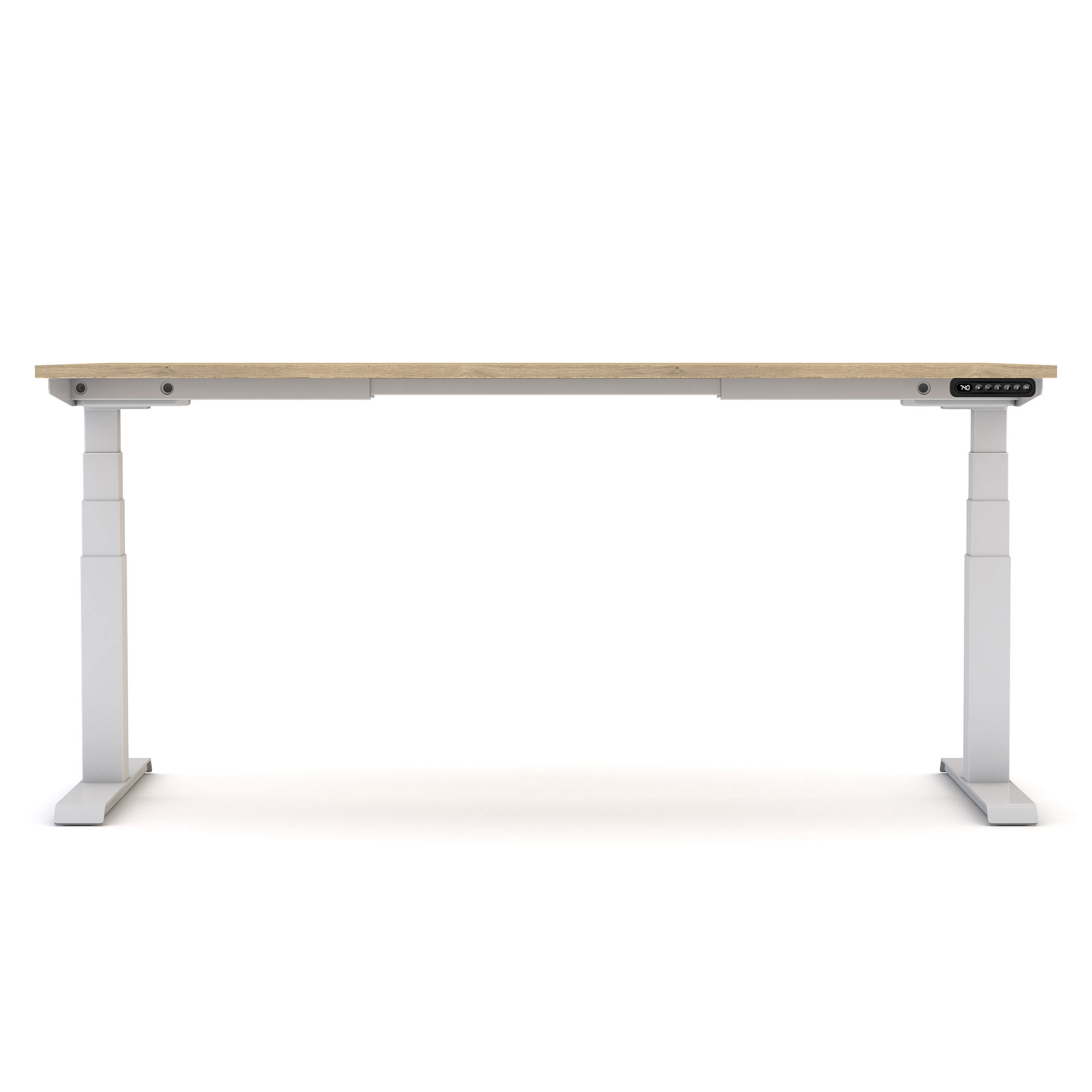 Höhenverstellbarer Schreibtisch mit weißem Gestell und Holzplatte in Frontalansicht