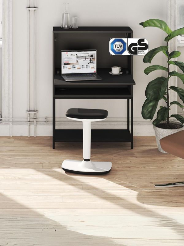 Kompakter schwarzer Arbeitsplatz mit TÜV- und GS-Siegel und weißem Hocker.