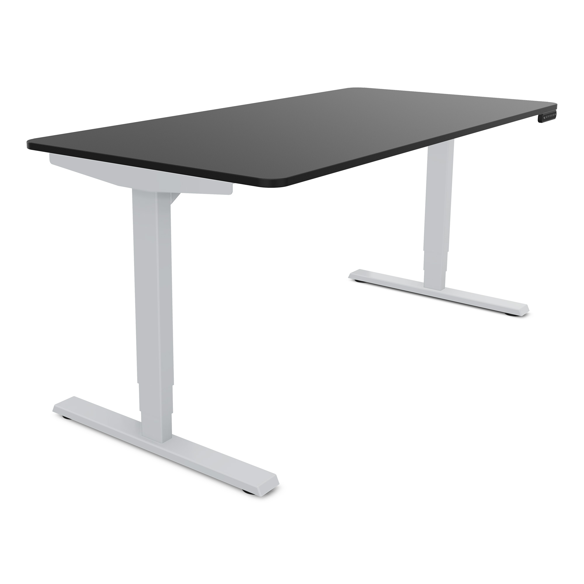 Ein schwarzer Schreibtisch mit einem hellen Gestell und elektrischer Höhenverstellung.