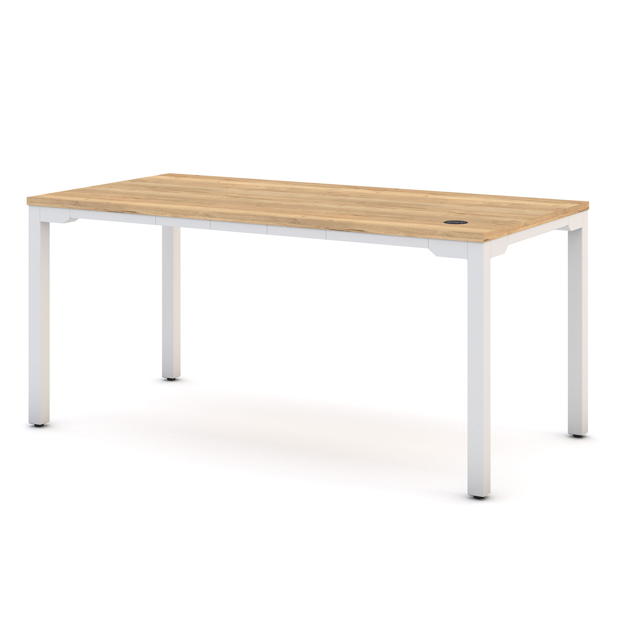 Einzelner Schreibtisch mit Holzplatte weißem Gestell und integriertem Kabelauslass