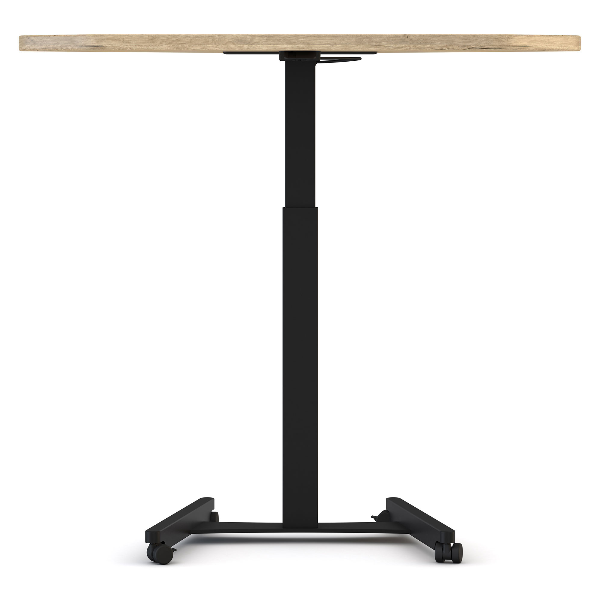 Höhenverstellbares Steh-Sitzpult Single Desk Stehtisch mit schwarzem Gestell und Holzplatte, höhenverstellbar auf Rollen.
