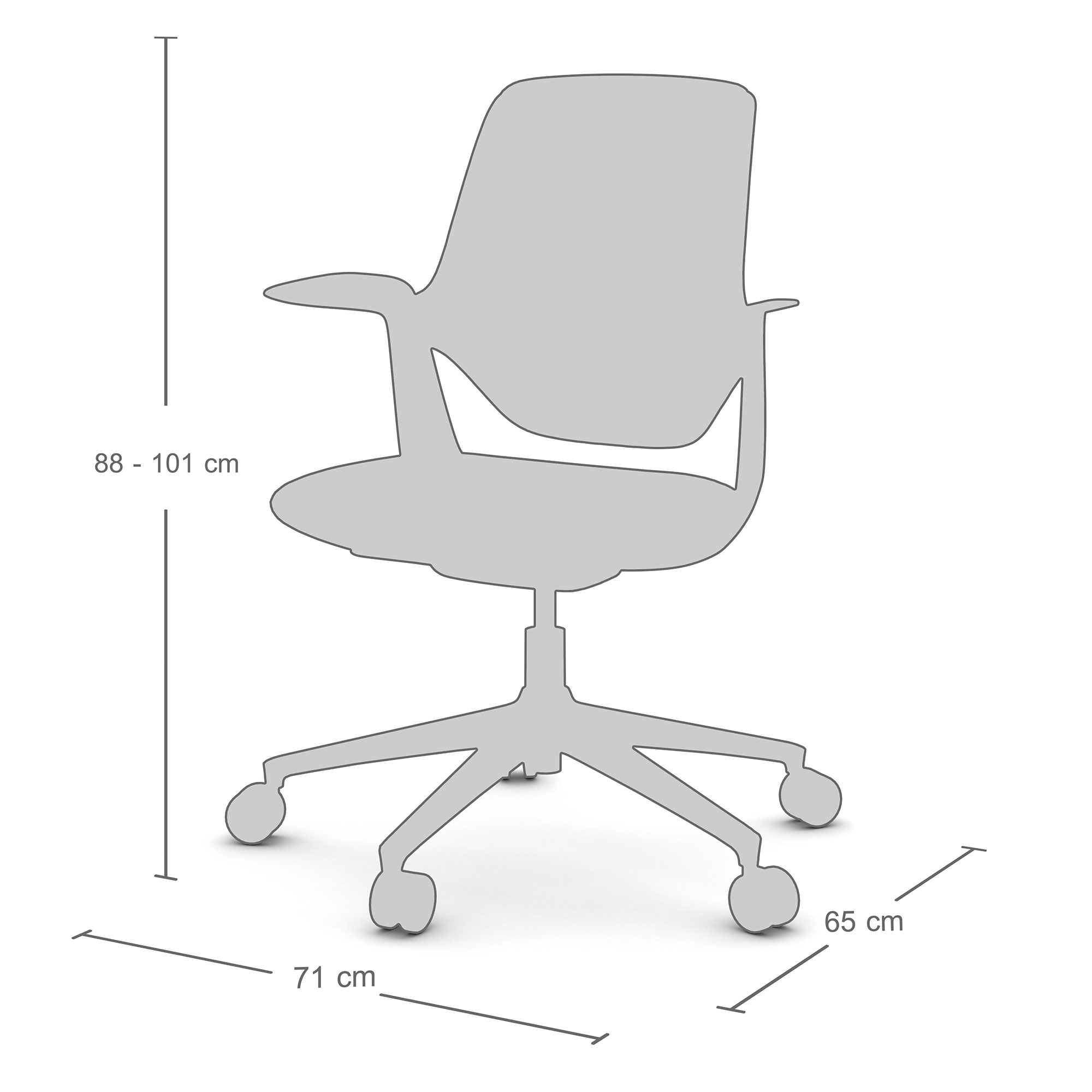 Größendarstellung eines Drehstuhls mit 88–101 cm Höhe und 71x65 cm Standfläche