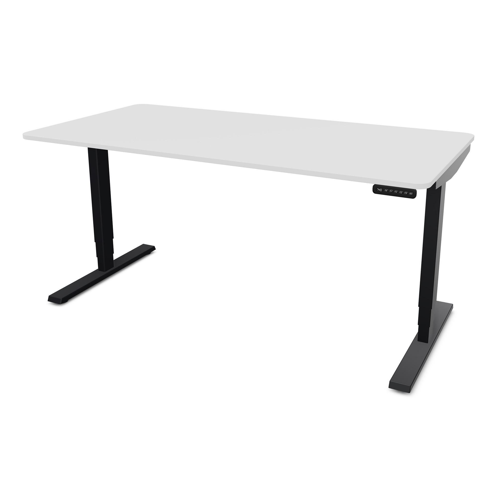 Elektrisch höhenverstellbarer Schreibtisch Y-Line Curved Ein höhenverstellbarer Schreibtisch mit einer weißen Tischplatte und schwarzen Füßen.