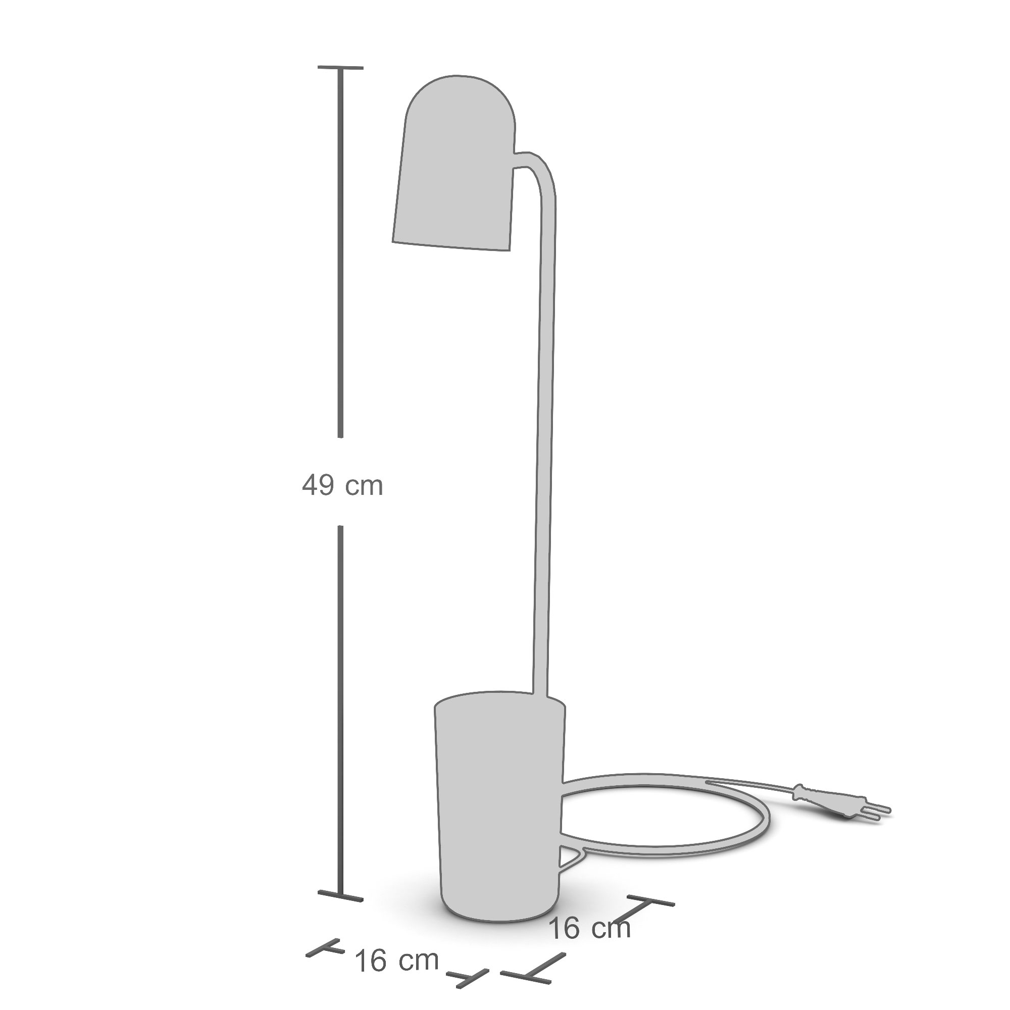 Technische Skizze einer Tischleuchte mit 49 cm Höhe und 16 cm Durchmesser.