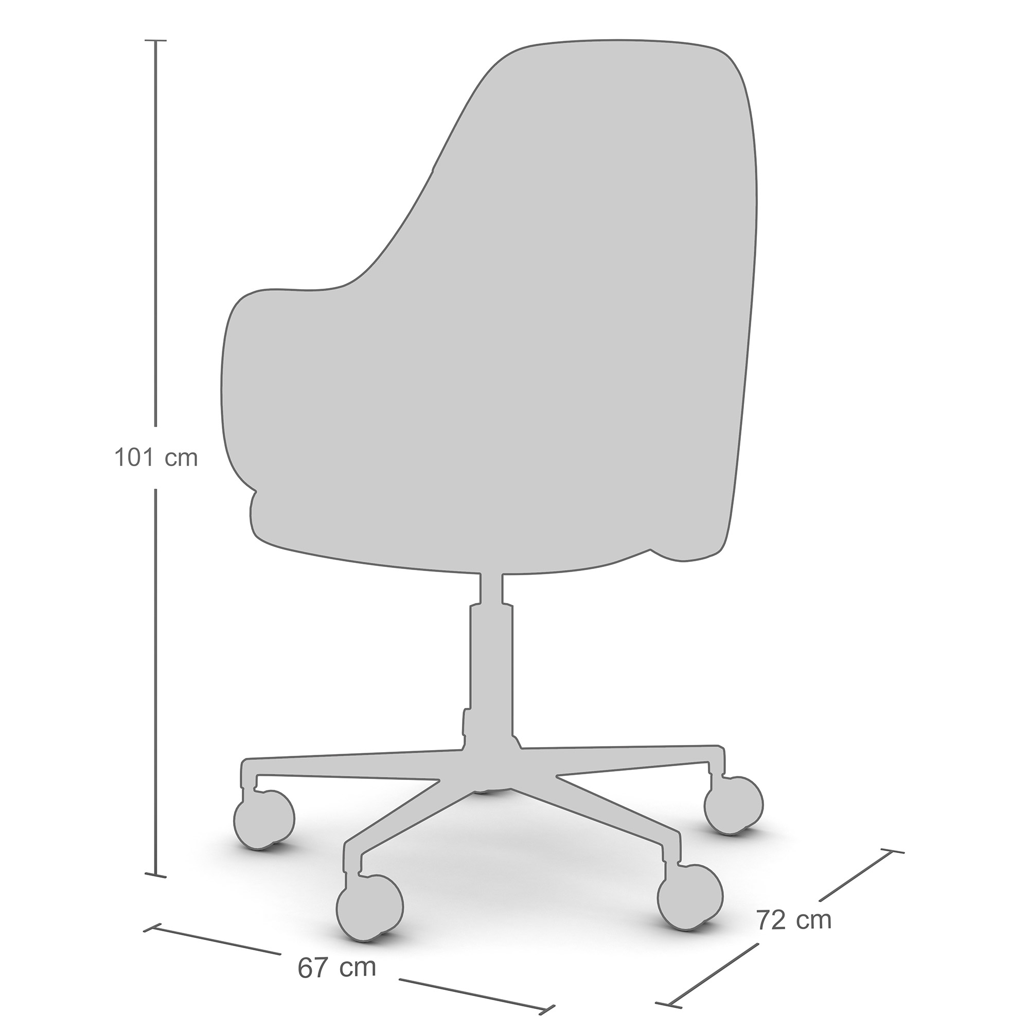 Ein Bürostuhl in Graustufen mit den Maßen 101 cm Höhe, 67 cm Breite und 72 cm Tiefe.