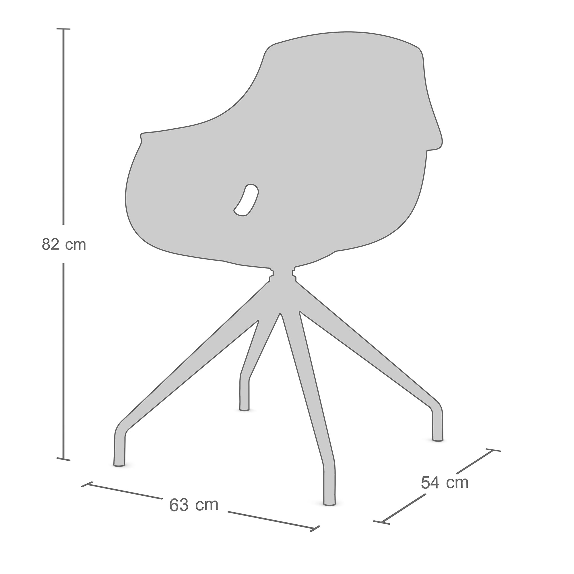 Technische Zeichnung eines weißen Vierbein-Stuhls mit den Maßen 82 x 63 x 54 cm