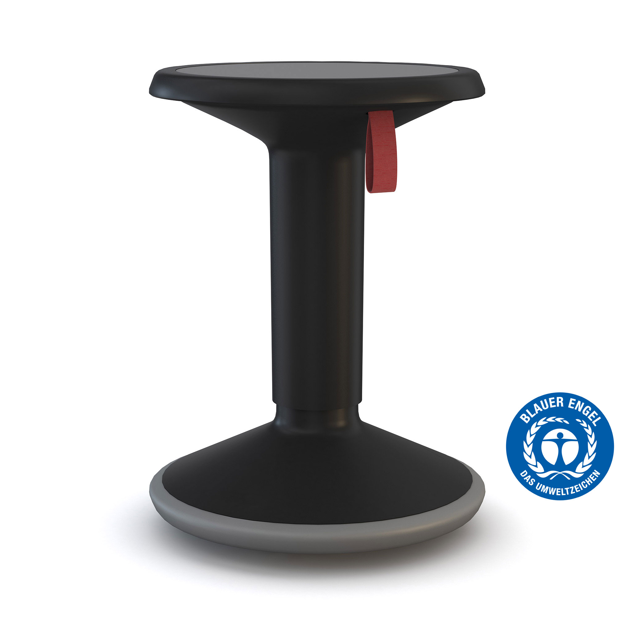 Designhocker UP Ein schwarzer Hocker mit einem runden Sitz und einer roten Ziehhilfe. Vorne rechts ist das Umweltlabel 'Blauer Engel' sichtbar.