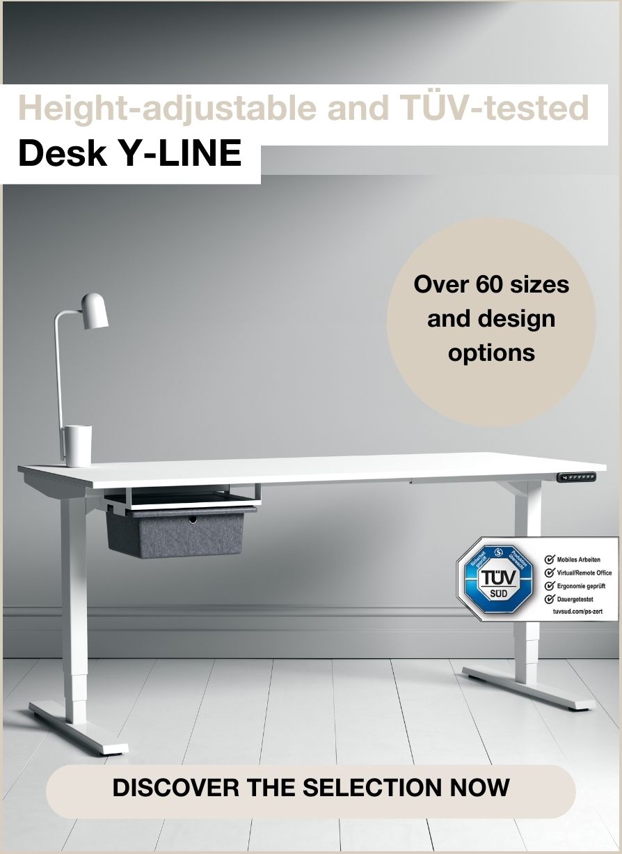 Werbeanzeige für höhenverstellbaren Tisch Y-LINE mit TÜV-Siegel