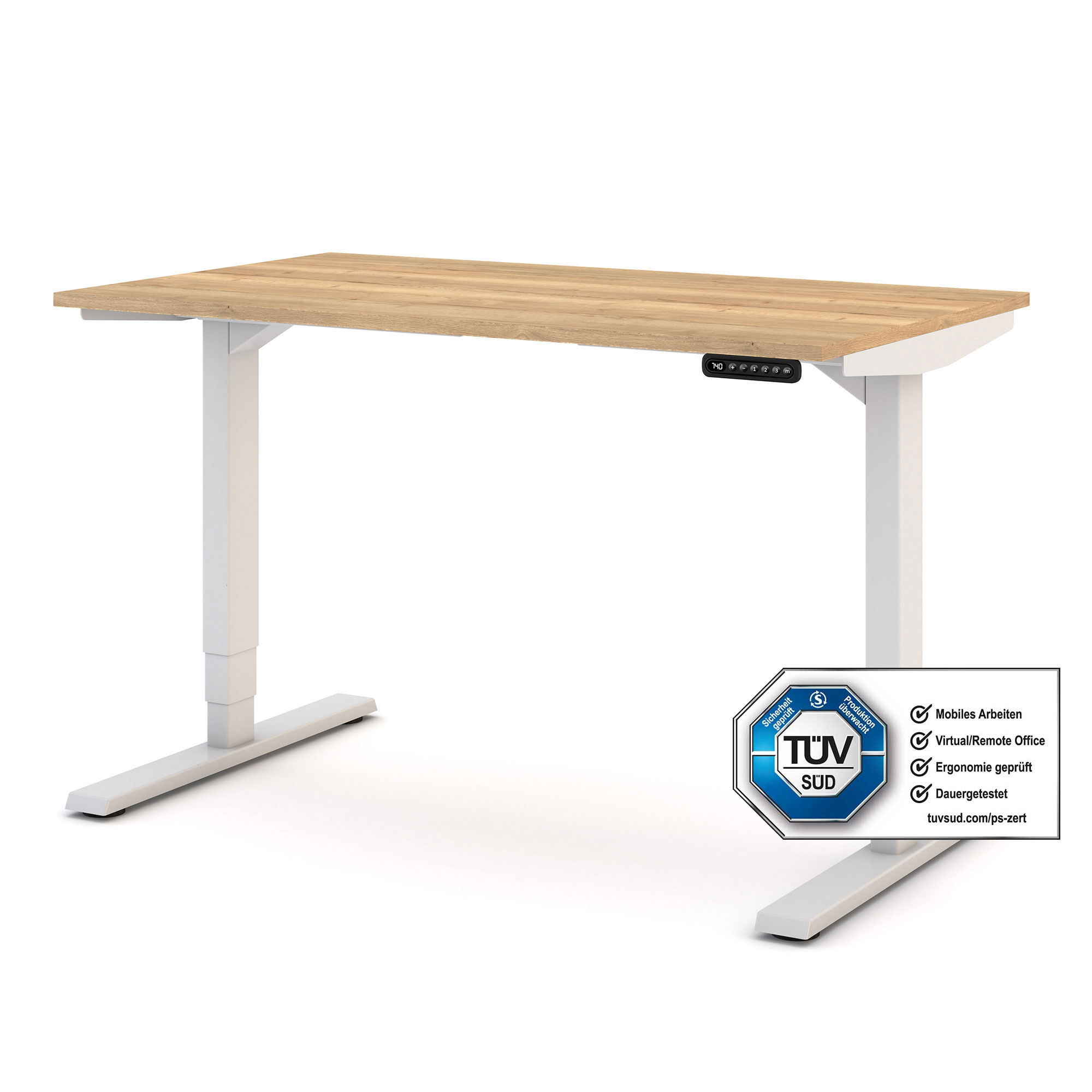 Ergonomischer Schreibtisch mit Holzoberfläche und verstellbaren weißen Beinen.