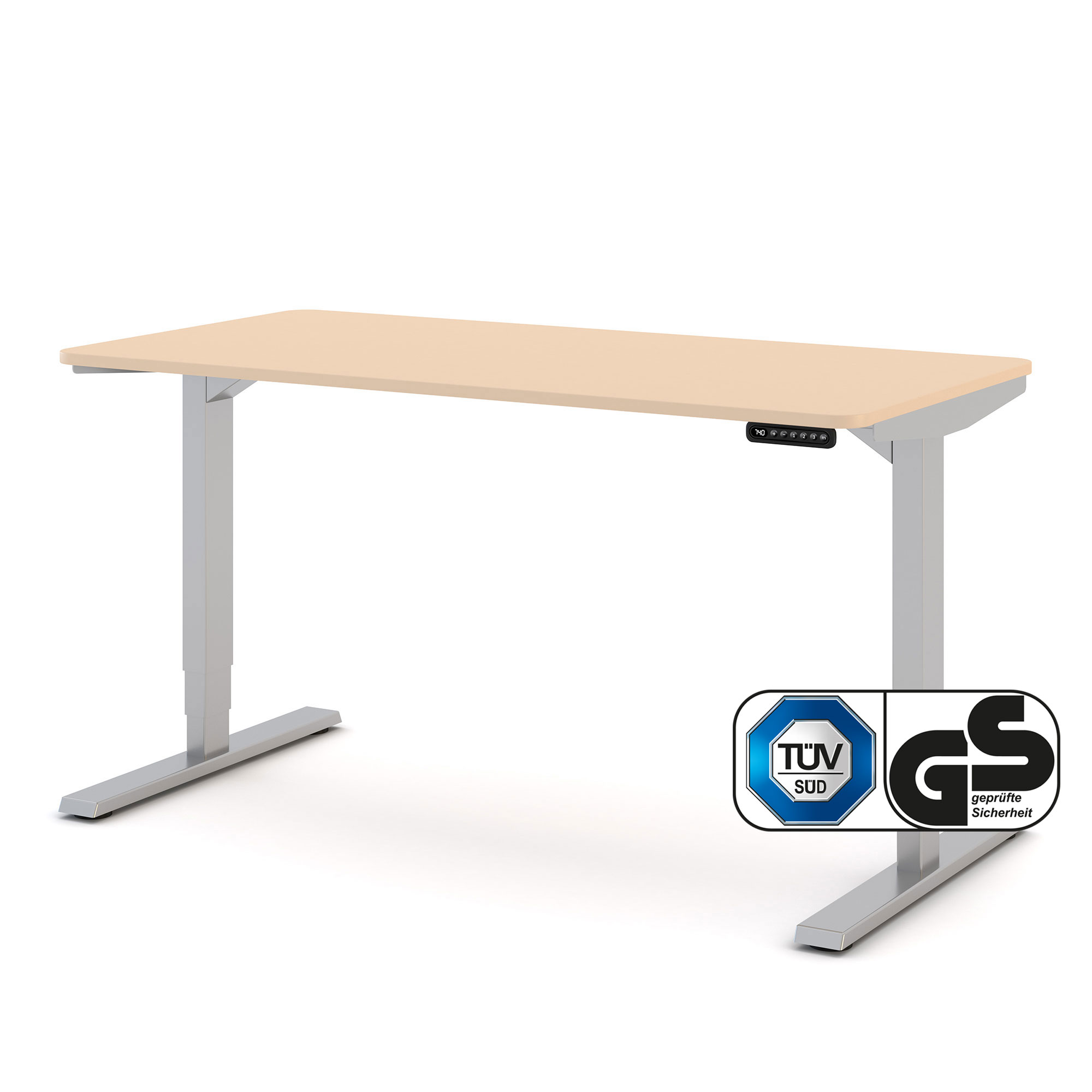 Elektrisch höhenverstellbarer Schreibtisch Y-Line Curved 140x70cm Elektrisch höhenverstellbarer Schreibtisch mit hellem Dekor und silbernem Gestell, GS- und TÜV-zertifiziert