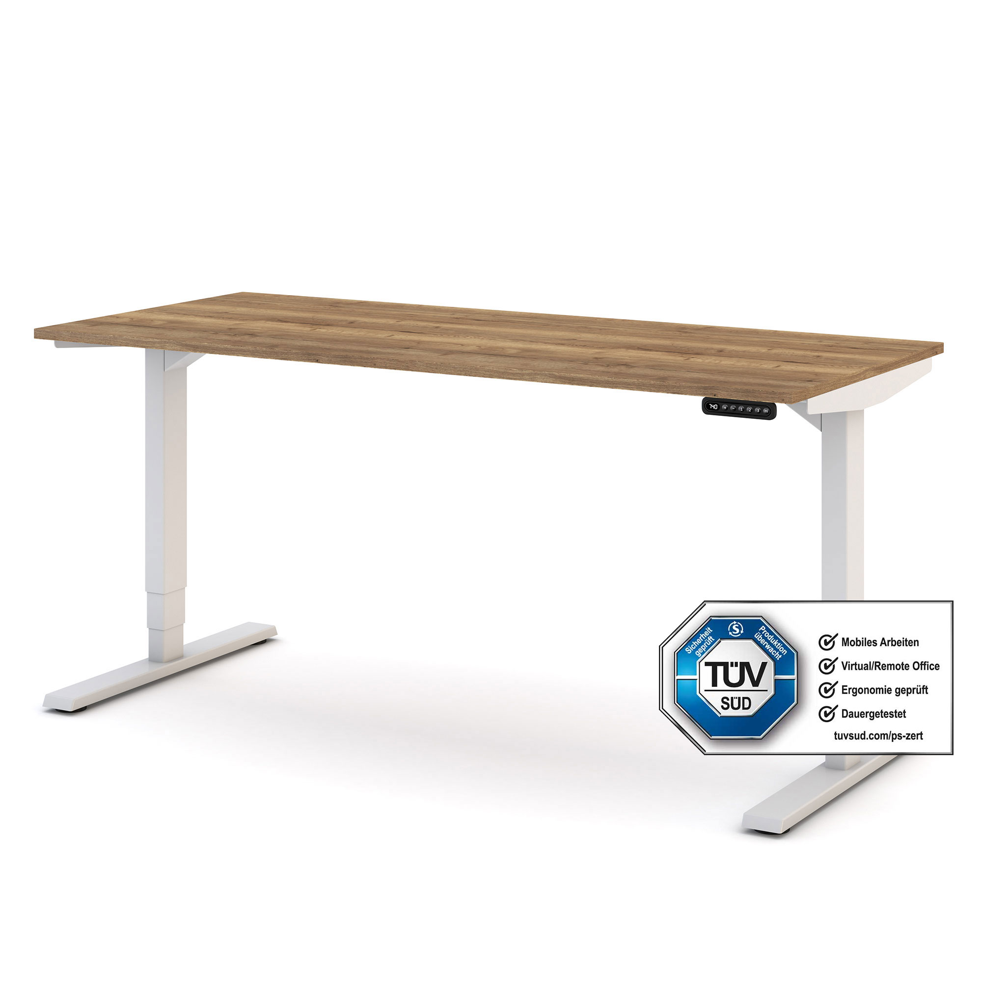Höhenverstellbarer Schreibtisch mit Holzdekorplatte und TÜV-zertifiziertem weißem Gestell