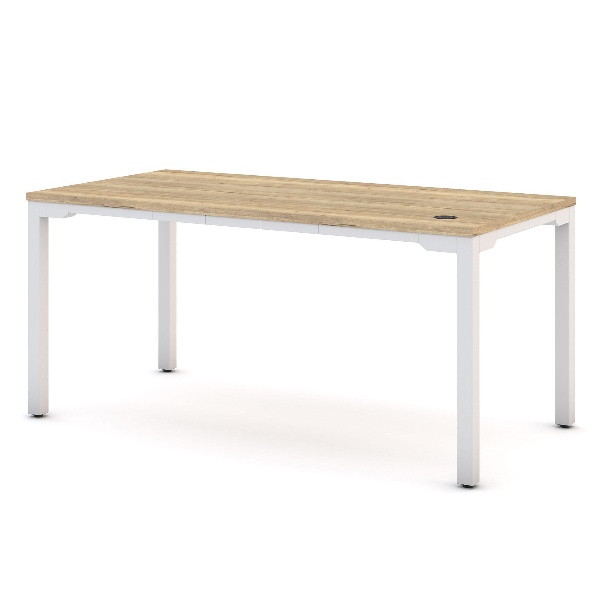 Schreibtisch mit Holzplatte und weißem Gestell, Kabeldurchführung integriert.