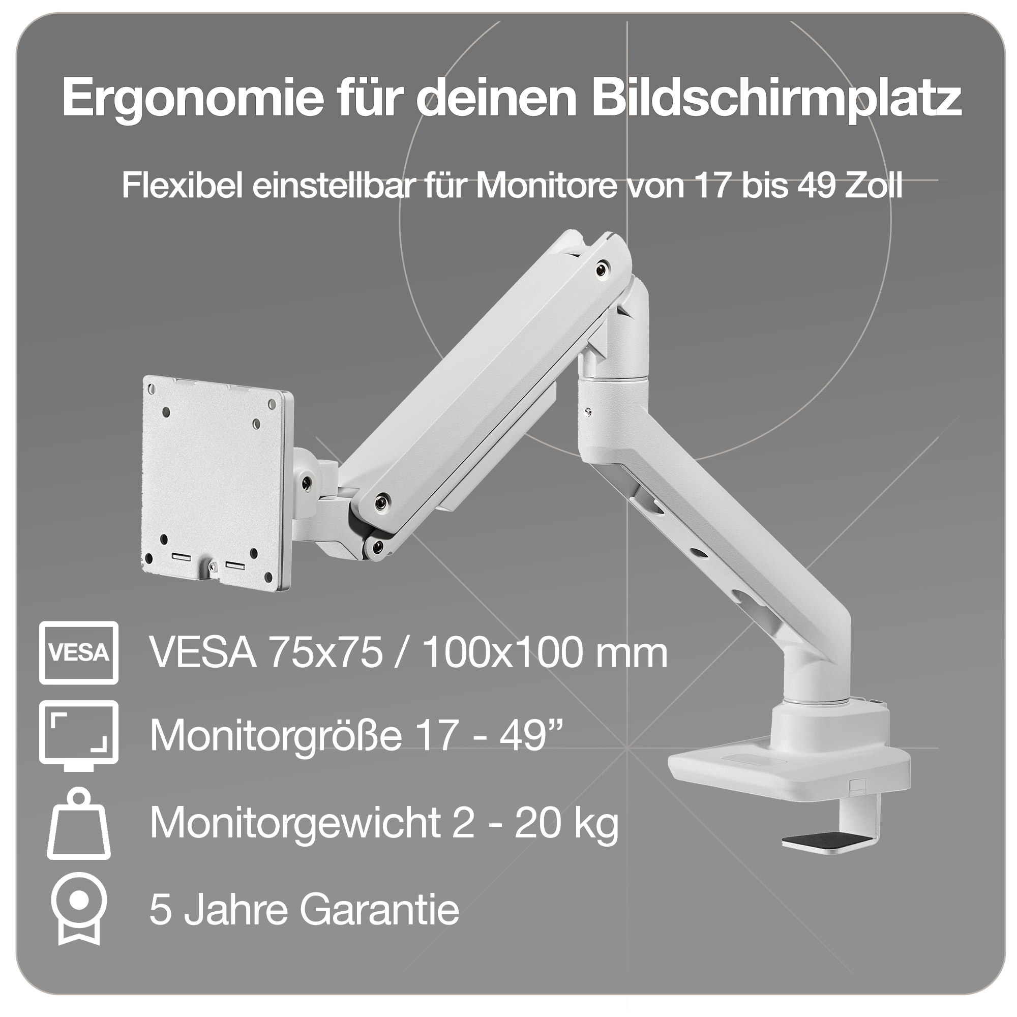 Monitorarm in weiß mit Gasfeder für 17–49 Zoll Monitore bis 20kg