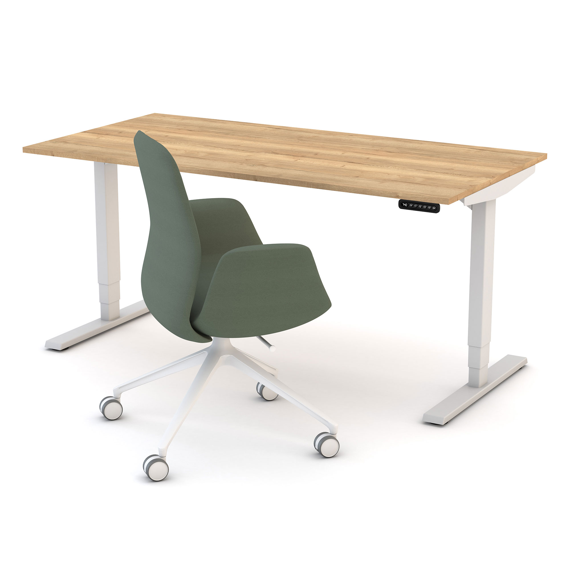 Höhenverstellbarer Schreibtisch mit Holzplatte und grünem Bürostuhl auf Rollen.
