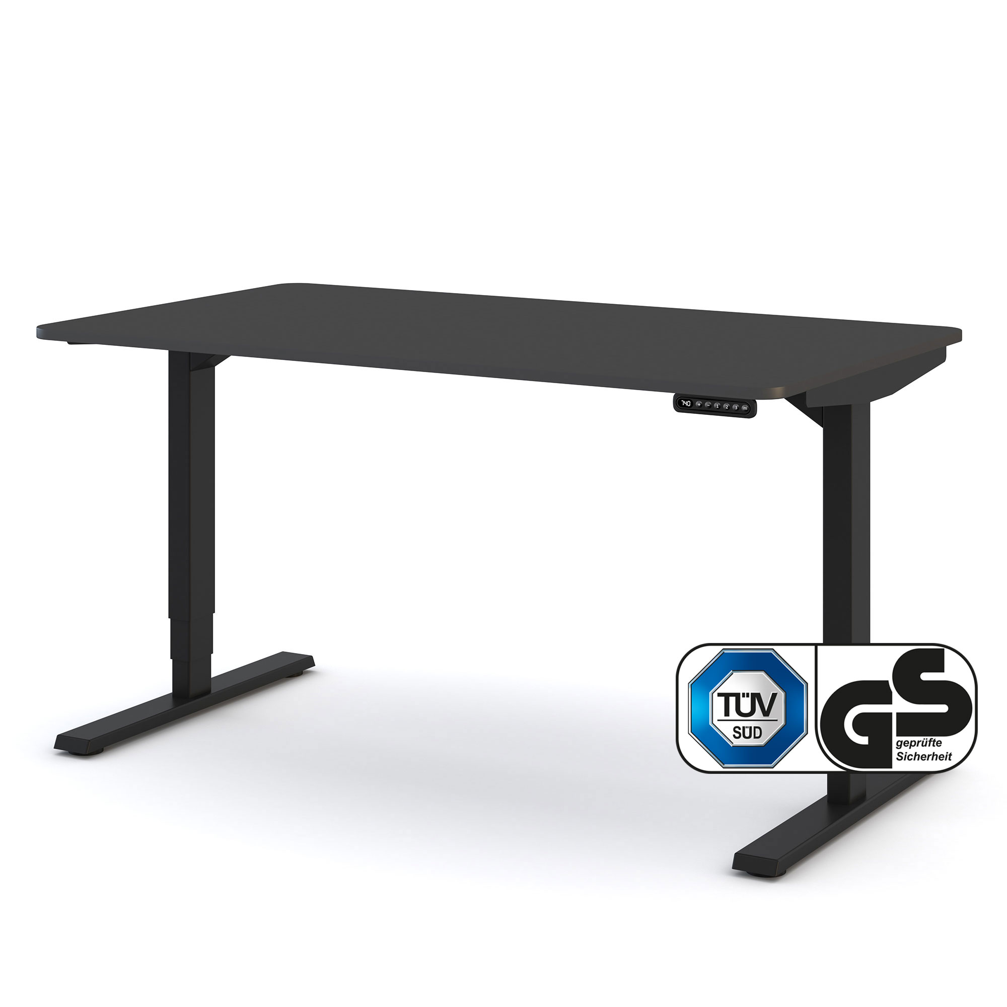 Elektrisch höhenverstellbarer Schreibtisch Y-Line Curved 140x80cm Elektrisch höhenverstellbarer Schreibtisch mit schwarzer Tischplatte und schwarzem Gestell – TÜV- und GS-zertifiziert für ergonomisches Arbeiten im Home-Office oder Büro