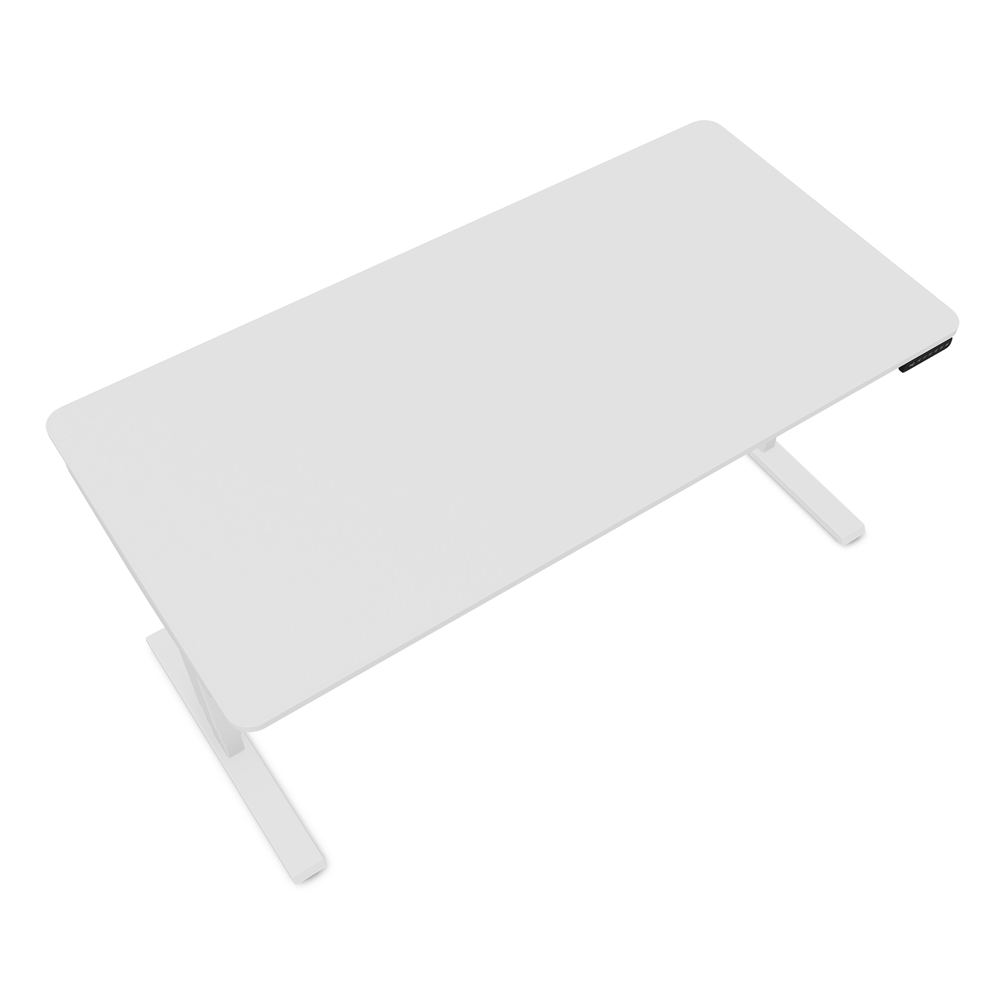 Ein weißer Schreibtisch mit höhenverstellbaren Beinen und Bedienelementen an der Seite.