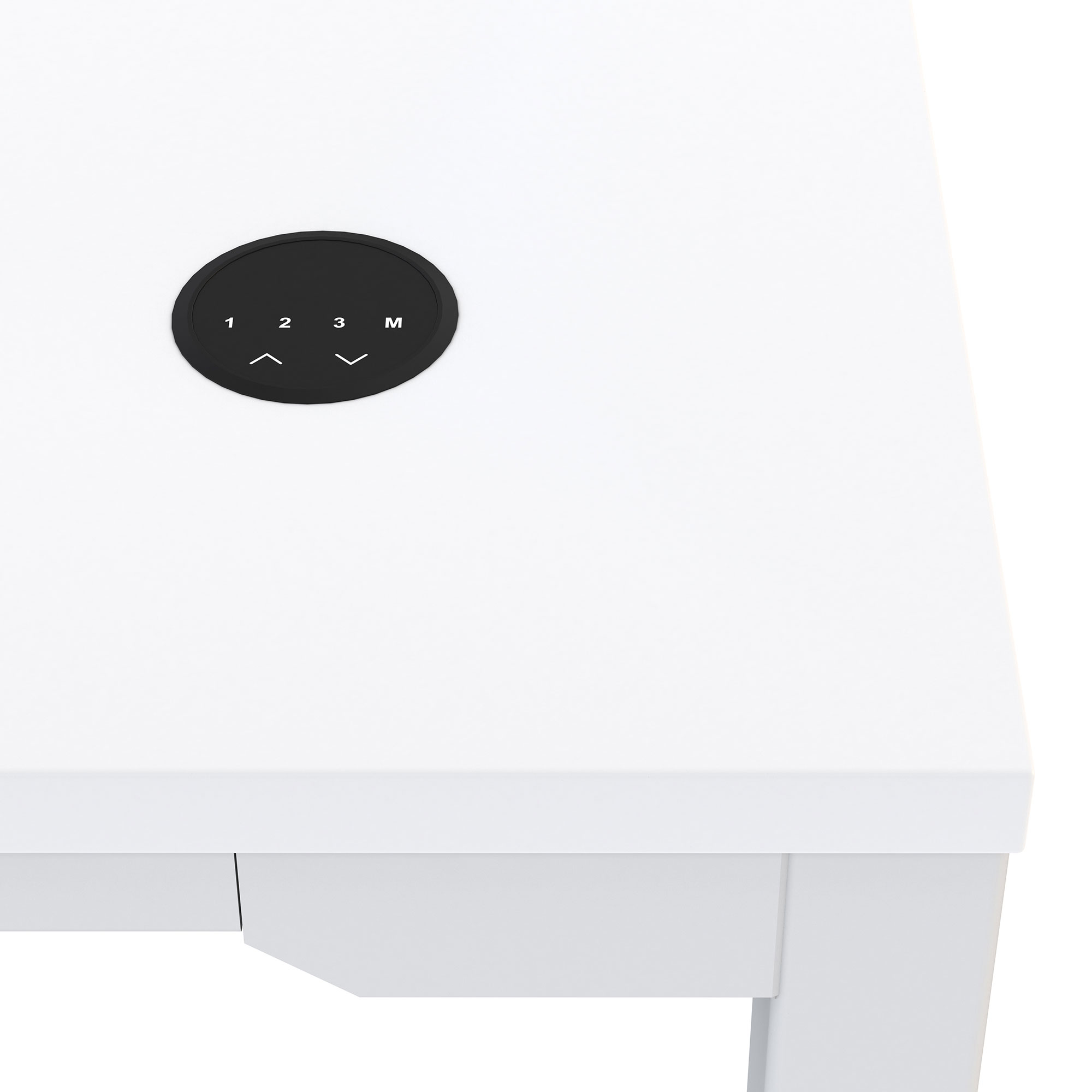 Runde schwarze Bedieneinheit für die Höhenverstellung mit Speicherfunktion am weißen Tisch.