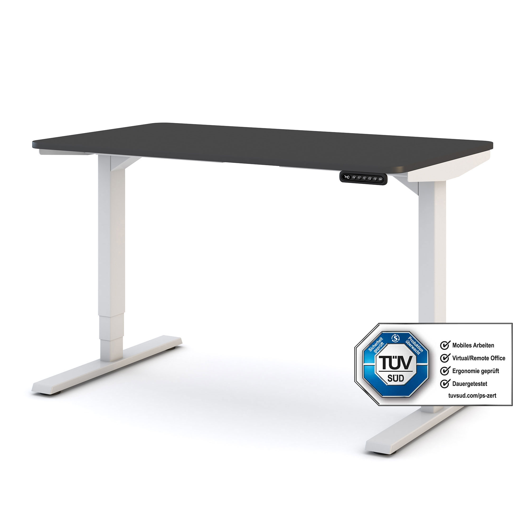 Elektrisch höhenverstellbarer Schreibtisch mit schwarzer Tischplatte, TÜV-Siegel sichtbar.