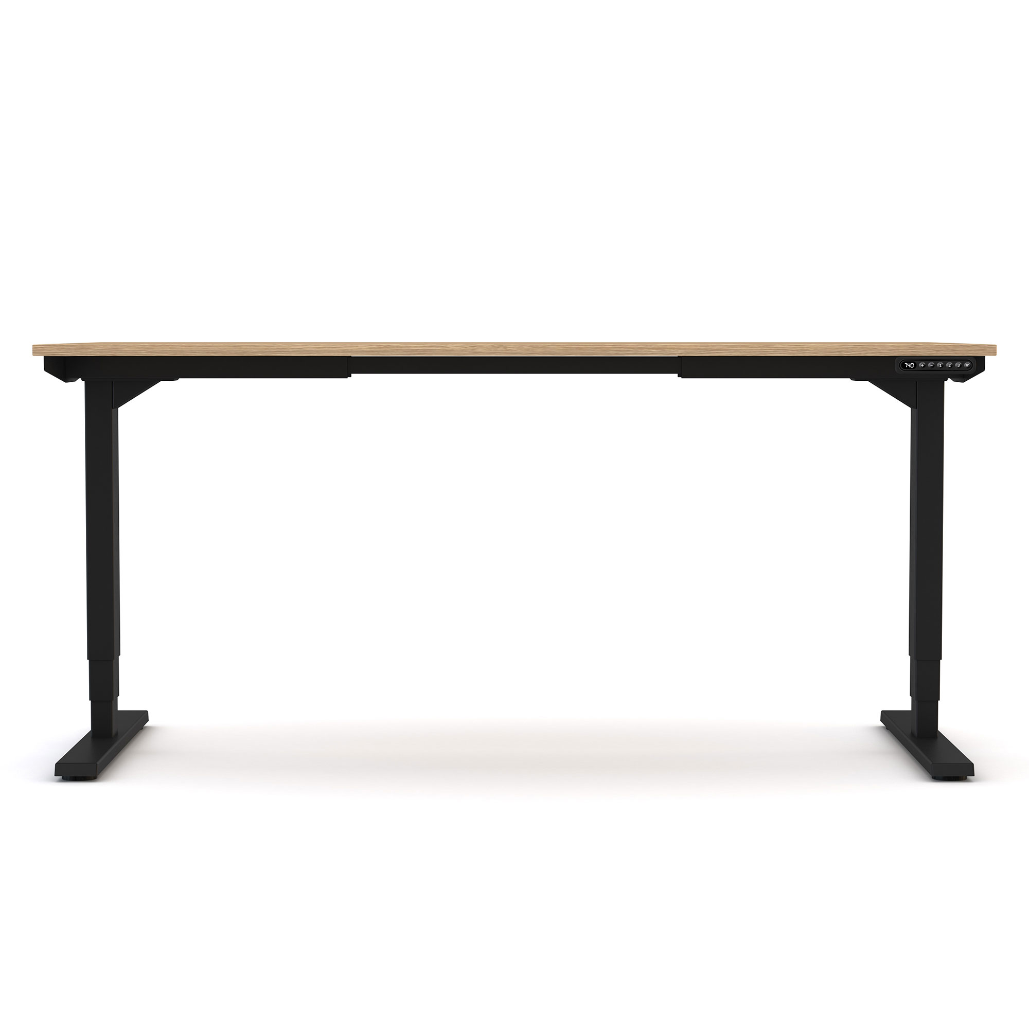 Höhenverstellbarer Schreibtisch frontal, mit Holzoptik-Tischplatte und schwarzem Gestell