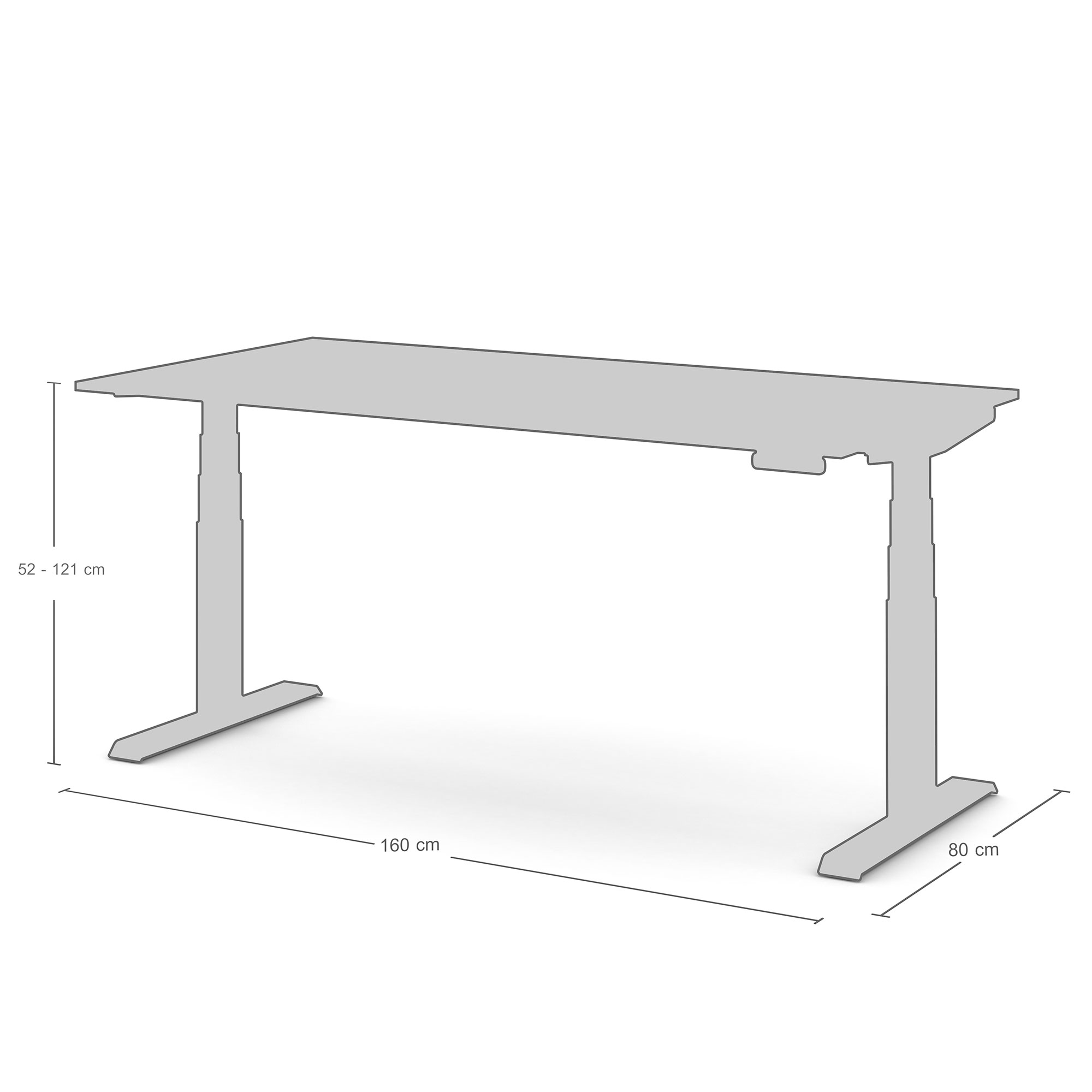 Technische Skizze eines höhenverstellbaren Schreibtisches, Breite 160 cm, Tiefe 80 cm, Höhe von 52 bis 121 cm verstellbar.