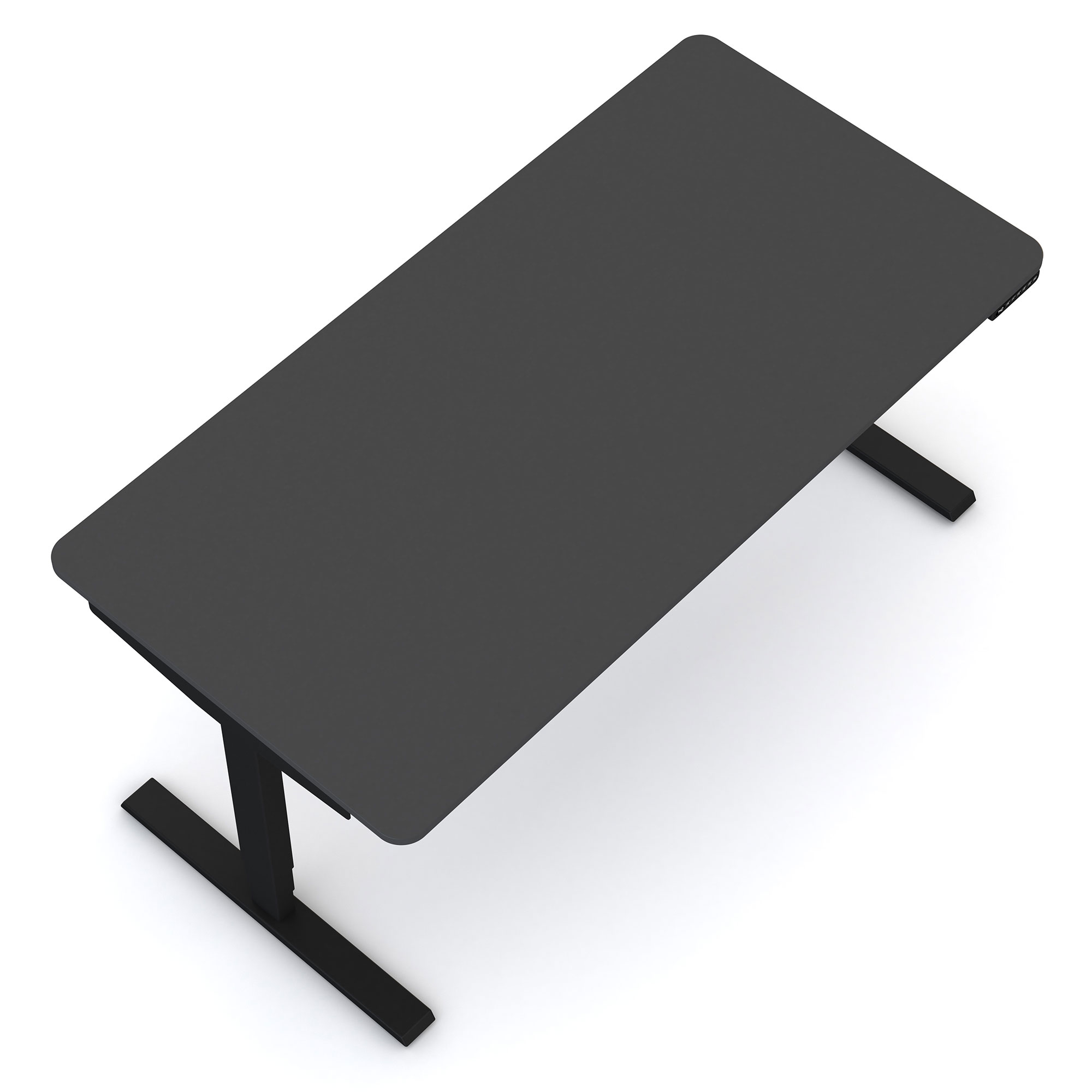 Höhenverstellbarer Schreibtisch mit schwarzer Tischplatte und schwarzem Gestell, diagonale Draufsicht.