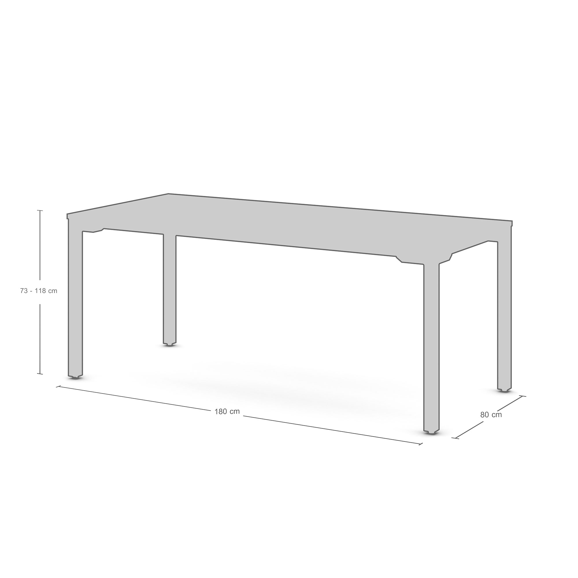 Höhenverstellbarer Tisch mit 180 x 80 cm Fläche und 73–118 cm Höhe als Maßskizze