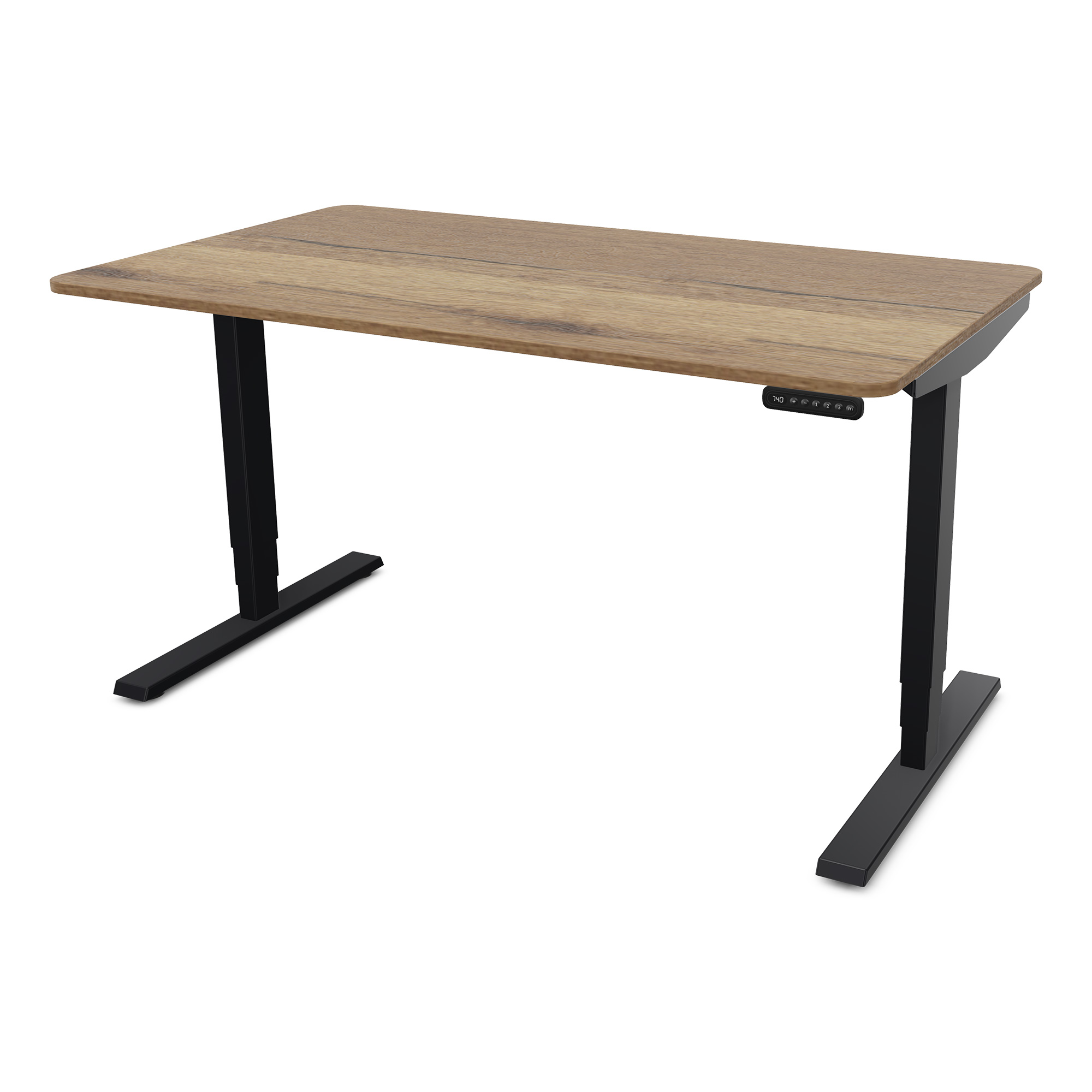 Ein moderner Schreibtisch mit einer Holzplatte und schwarzen Metallbeinen.