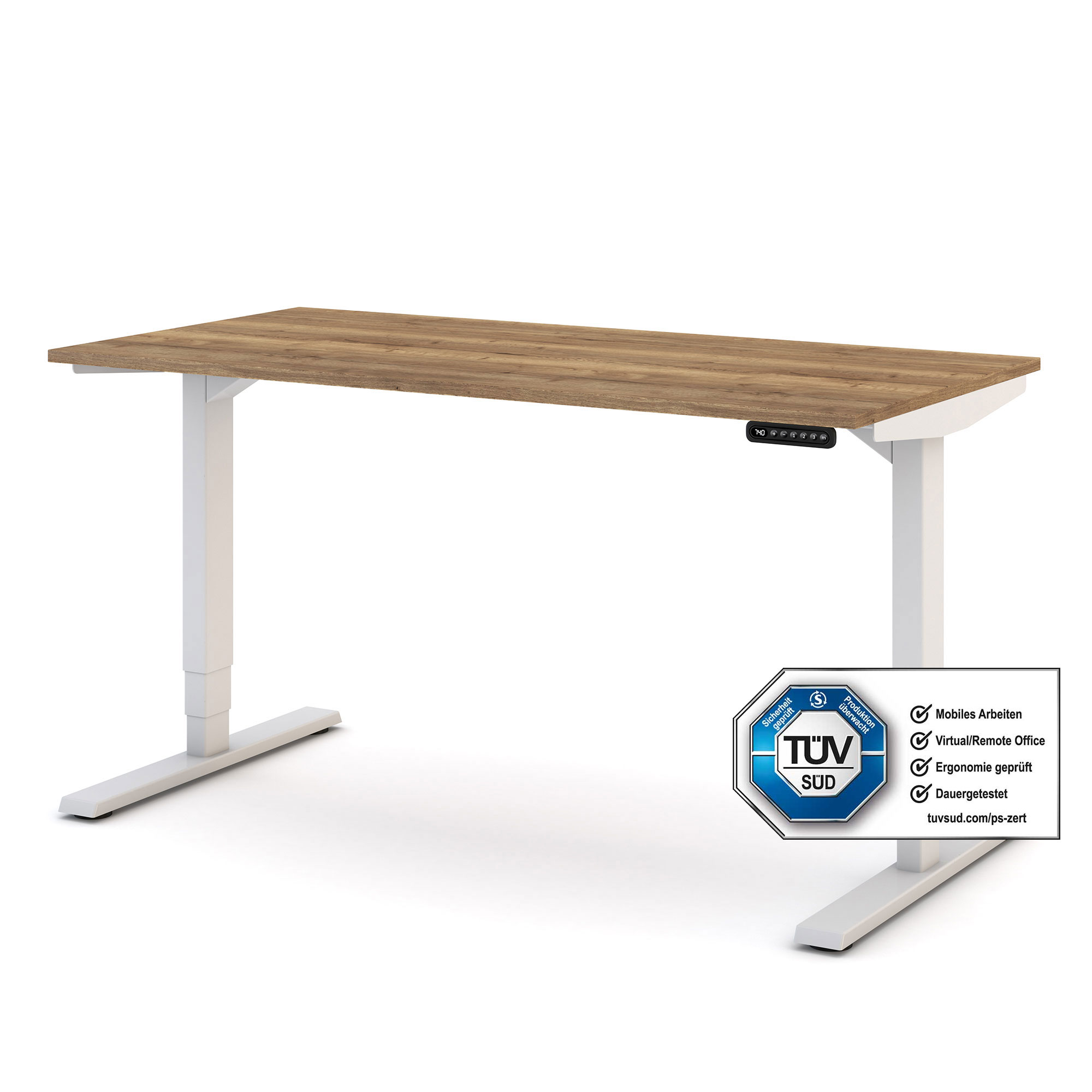 Ein höhenverstellbarer Schreibtisch mit einer Holzoberfläche und weißen Metallbeinen, inklusive TÜV-Zertifizierung für ergonomisches Arbeiten.