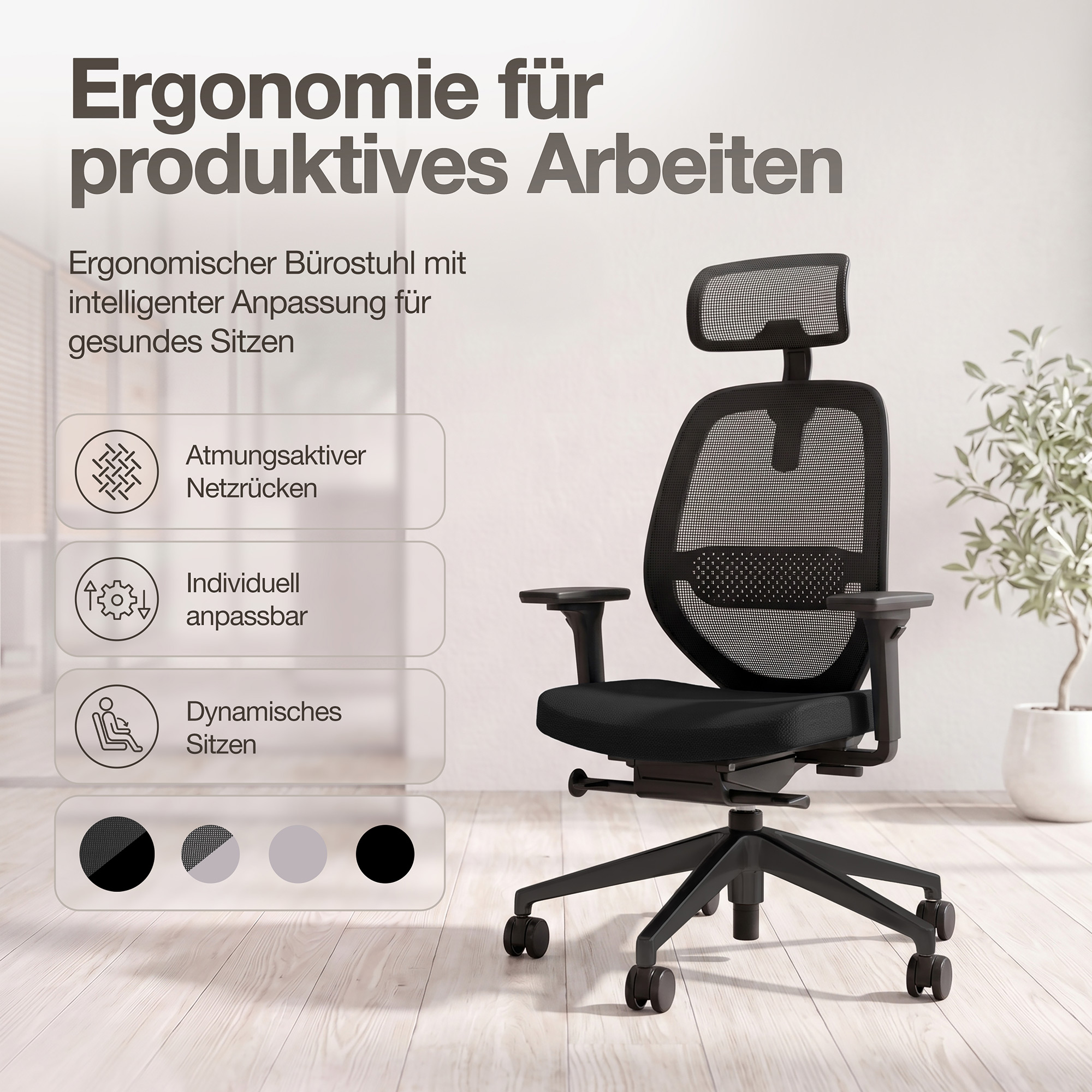 Ergonomischer Bürostuhl Atessa mit Netzrücken und Kopfstütze