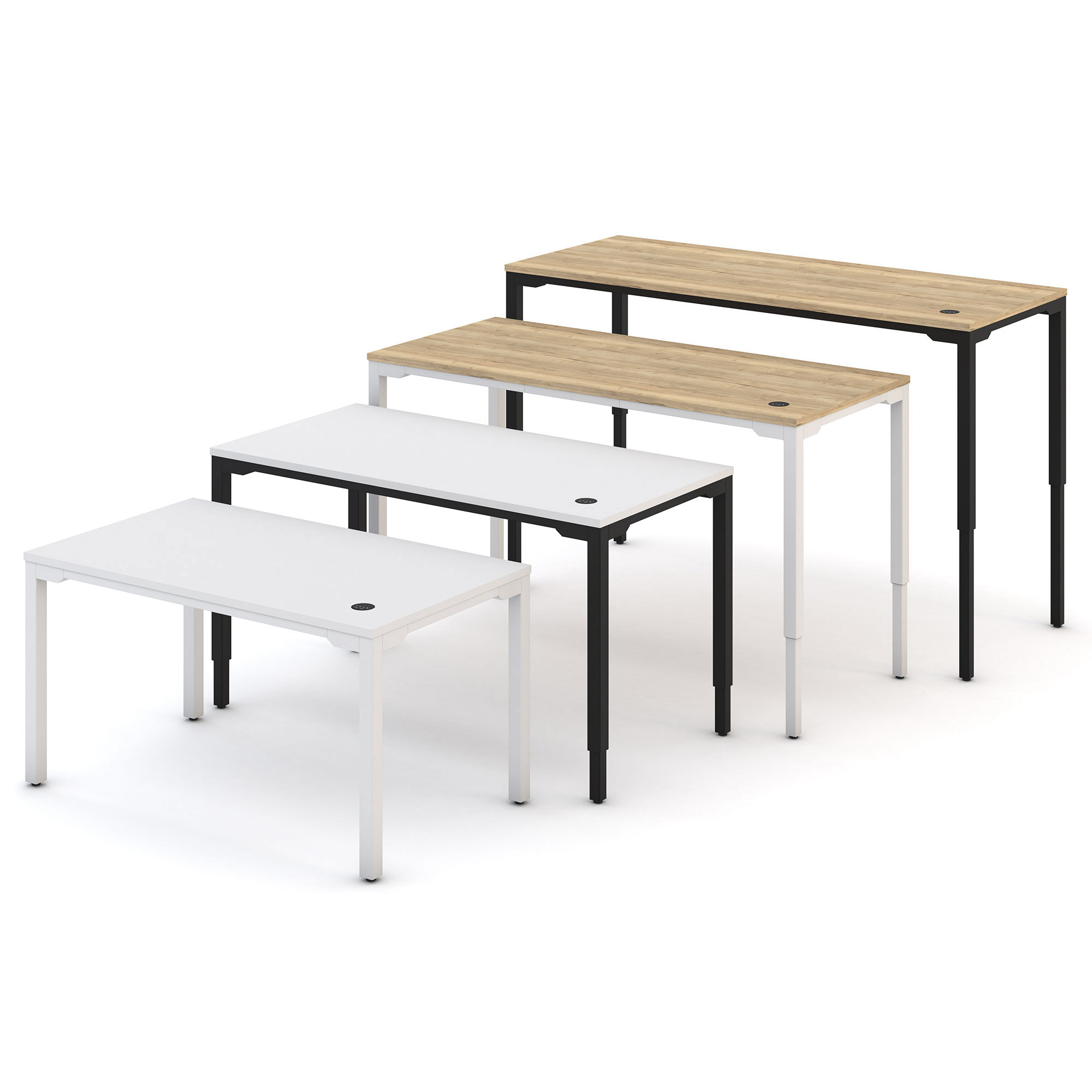 Vier Tische in verschiedenen Farben und Höhen: ein hellbrauner Tisch, ein schwarzer Tisch, ein weißer Tisch und ein weiterer weißer Tisch.