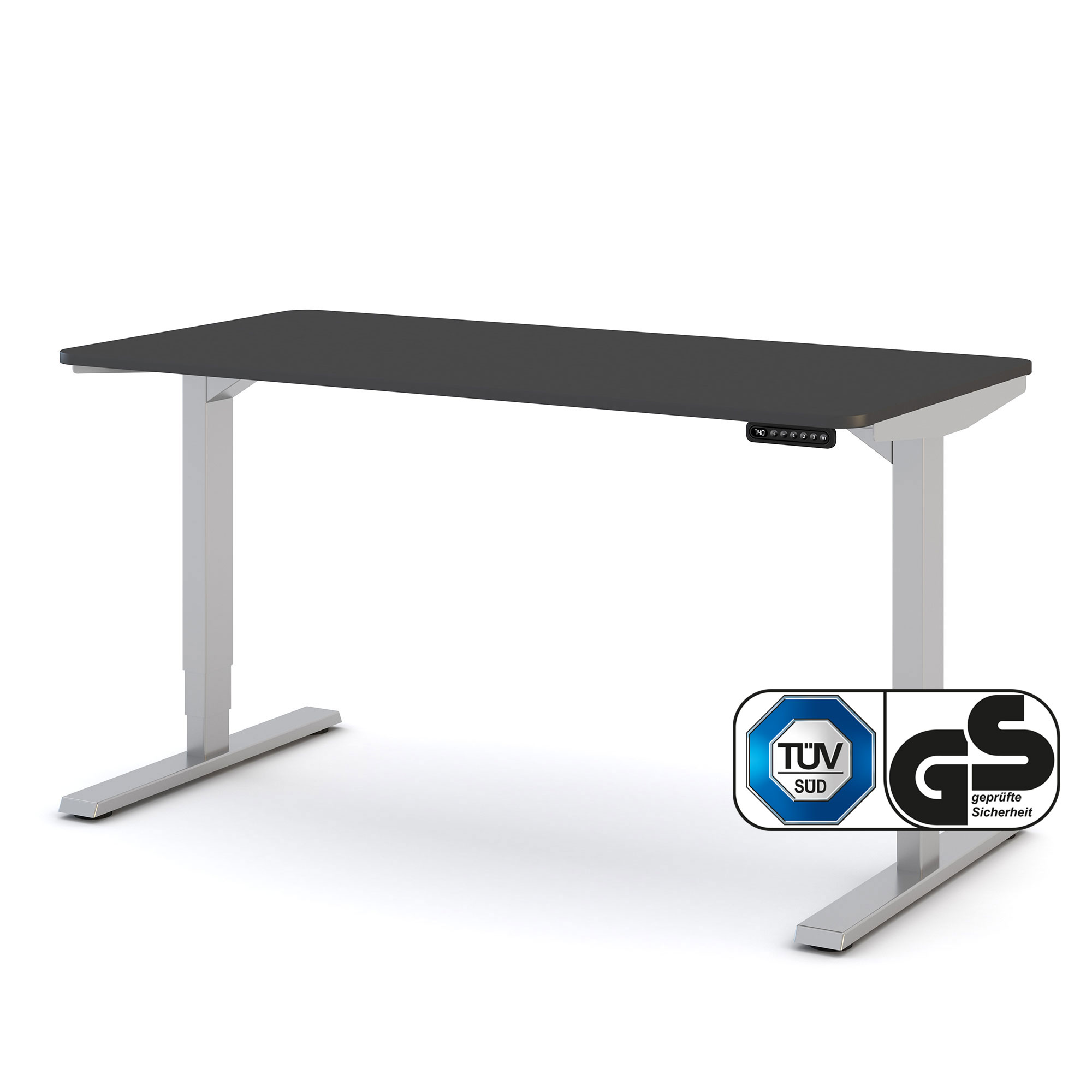 Elektrisch höhenverstellbarer Schreibtisch Y-Line Curved 140x70cm Höhenverstellbarer Schreibtisch mit schwarzer Tischplatte und TÜV-Zertifizierung