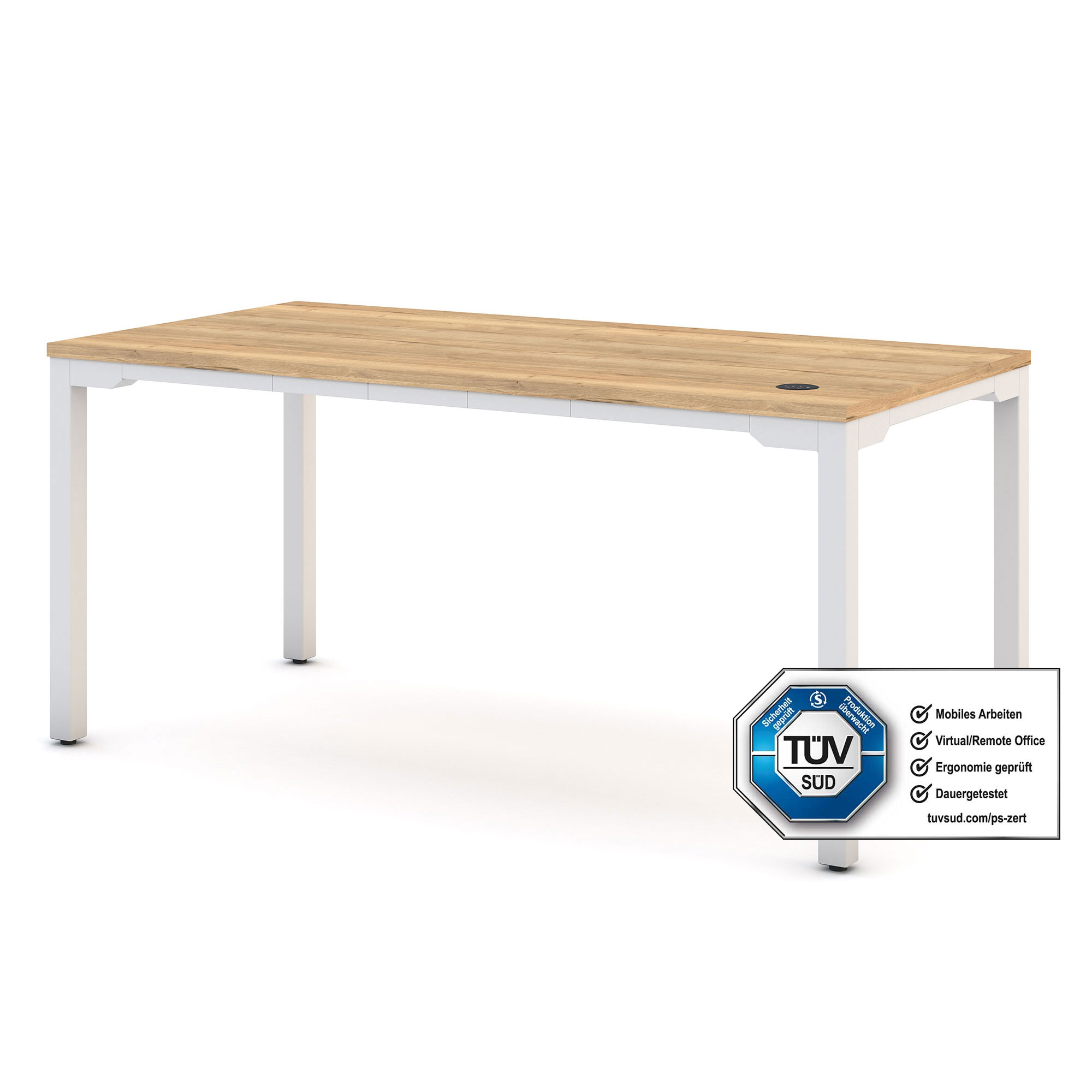 Stabiler Schreibtisch mit Holzoptik-Tischplatte und weißem Metallgestell, TÜV-geprüft für ergonomisches Arbeiten