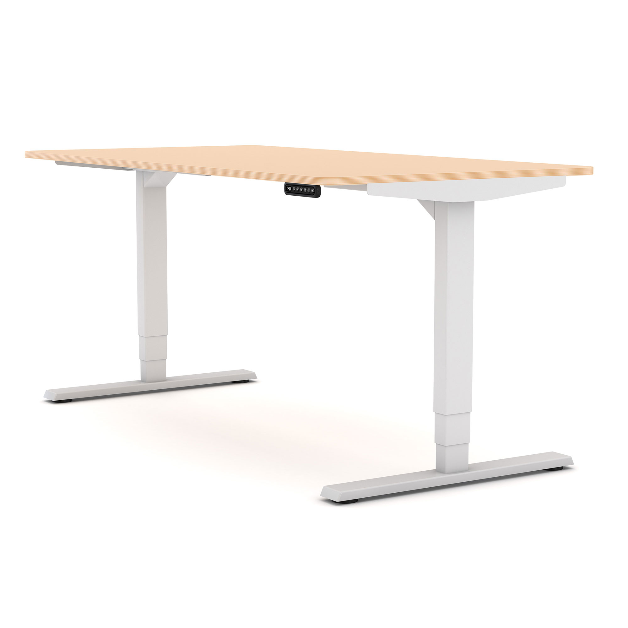 Ein höhenverstellbarer Schreibtisch mit einer hellen Holzplatte und weißen Metallbeinen.