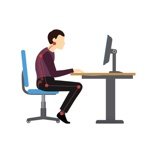 Eine Person sitzt an einem Schreibtisch und arbeitet am Computer, mit hervorgehobenen Gelenken und Wirbelsäule.