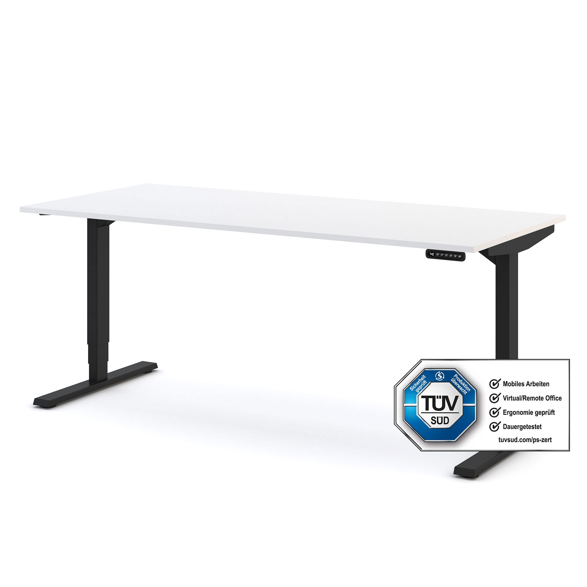 Ein ergonomischer Schreibtisch mit weißer Oberfläche und schwarzem Gestell, gekennzeichnet mit einem TÜV-Siegel für mobiles Arbeiten und Ergonomie.