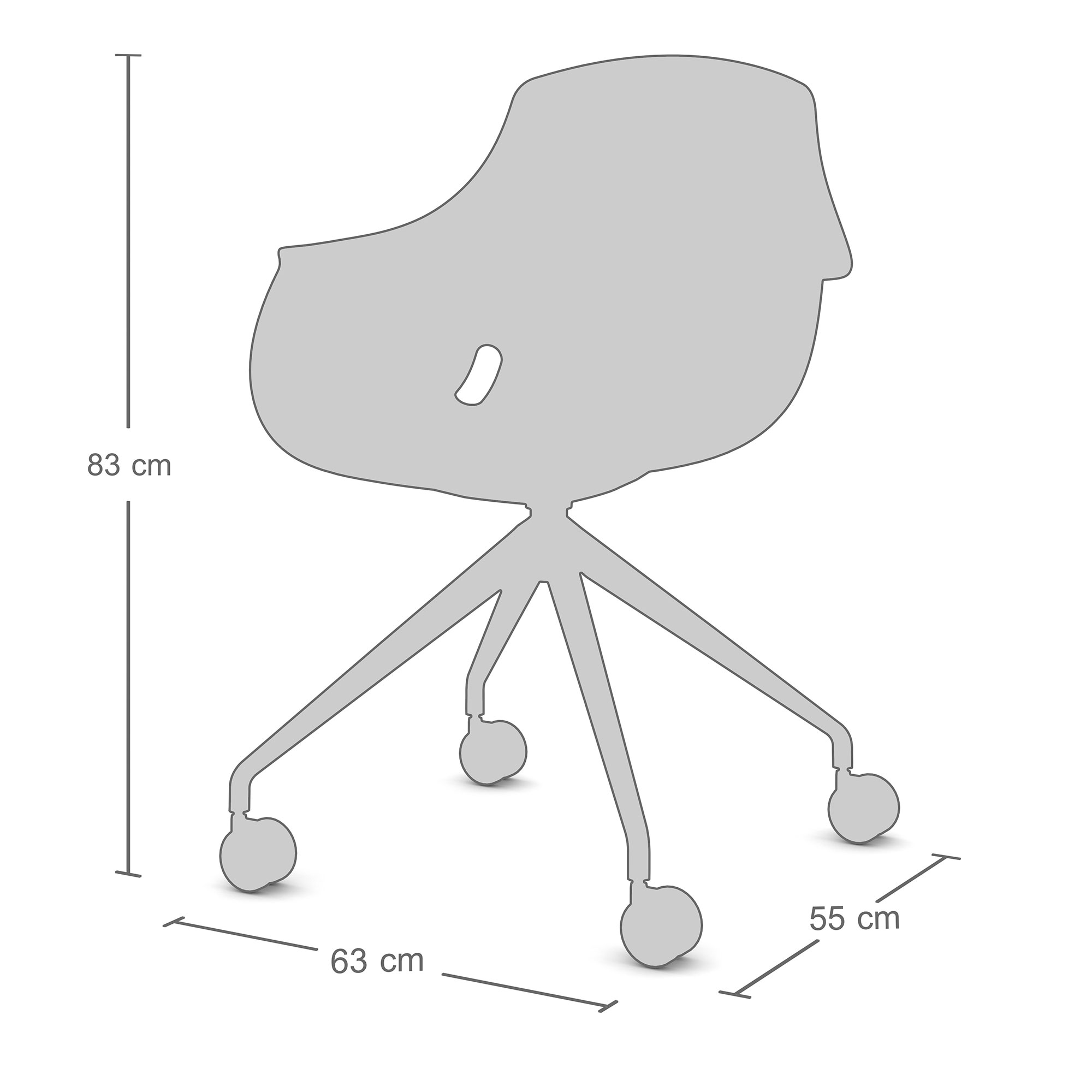 Eine Skizze eines Stuhls mit den Abmessungen: Höhe 83 cm, Breite 63 cm, Tiefe 55 cm.