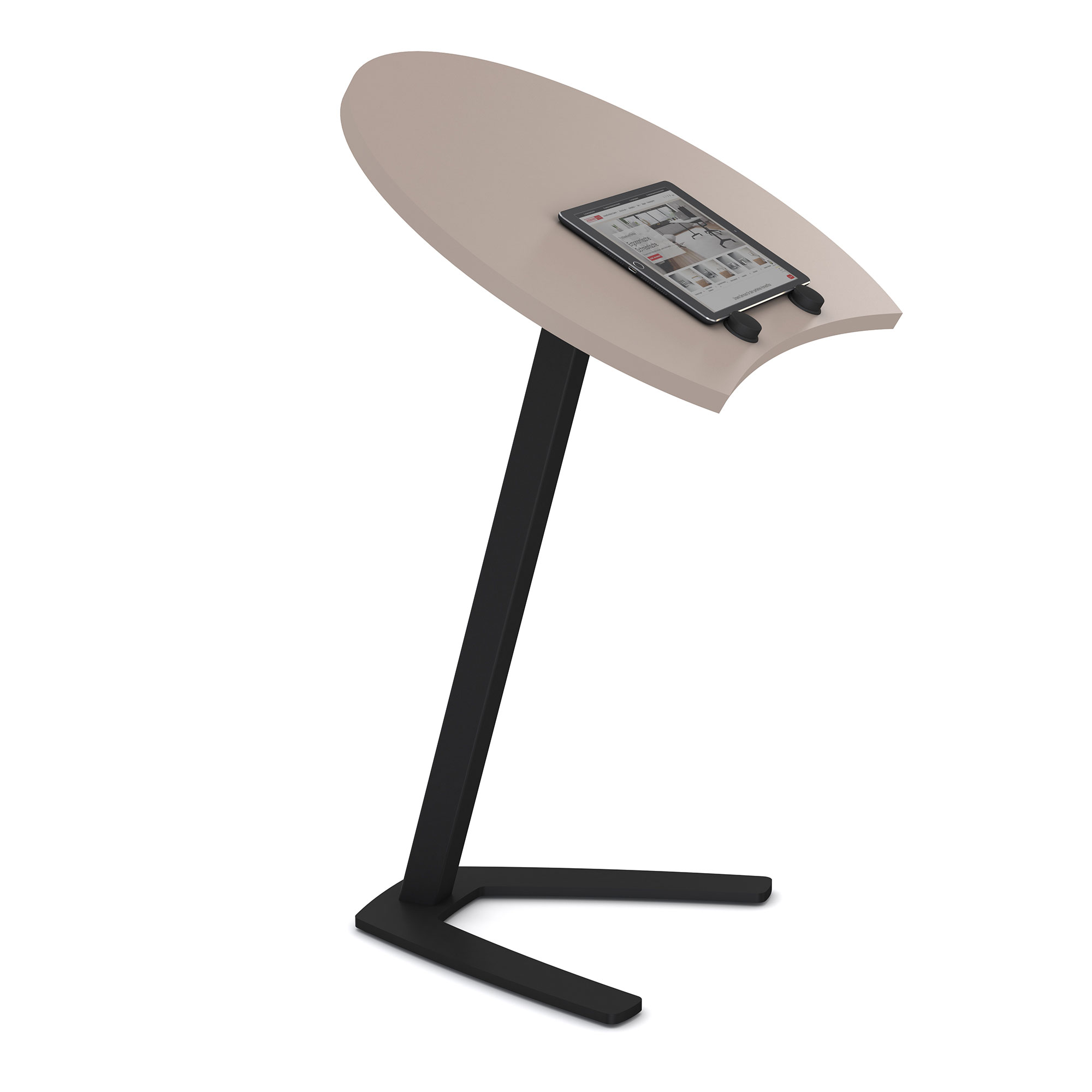 Stehtisch mit schräger Tischplatte und Tablet-Halterung, schwarzes Gestell und beige Oberfläche