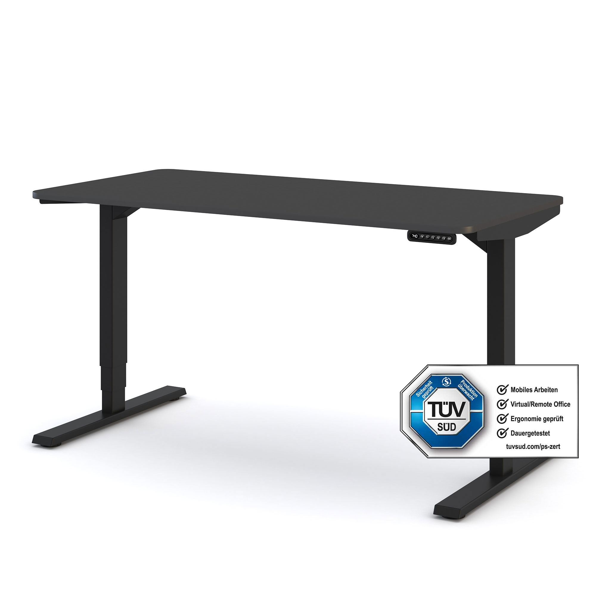 Ein schwarzer Schreibtisch mit elektrisch verstellbarer Höhe und TÜV-zertifizierten Merkmalen.