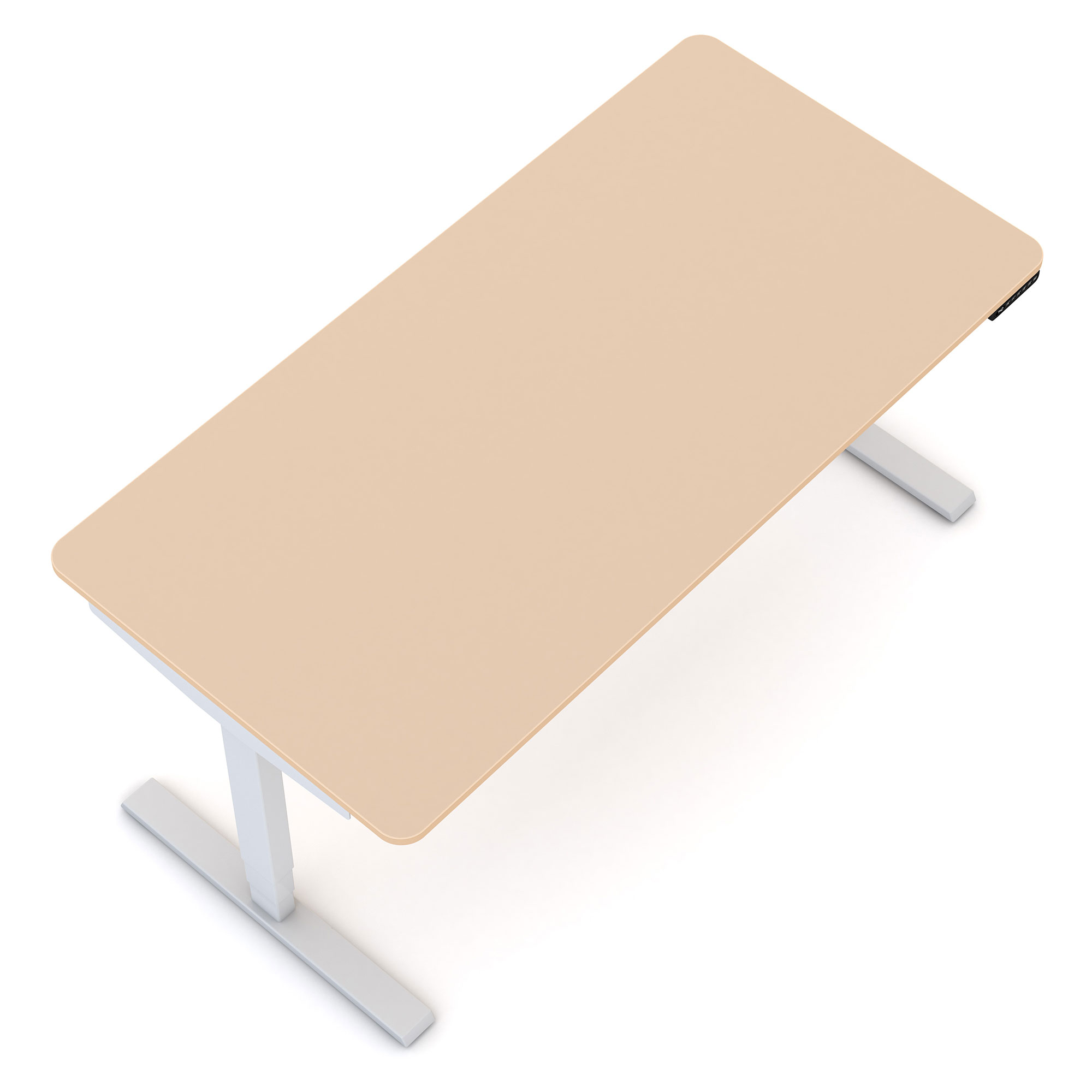 Höhenverstellbarer Schreibtisch mit sandfarbener Tischplatte und weißem Gestell in der Draufsicht.