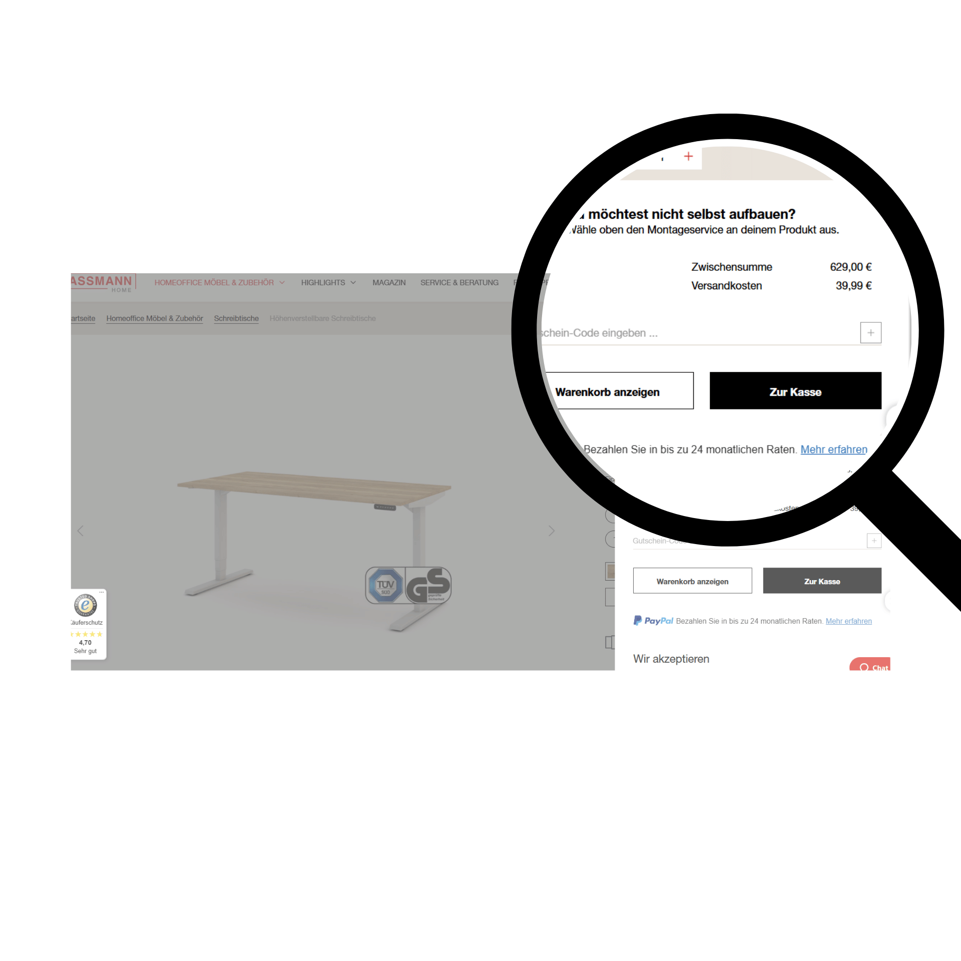 Produktseite mit Warenkorb von ASSMANN HOME mit hervorgehobener Lupe auf Produkt- und Versandkosten