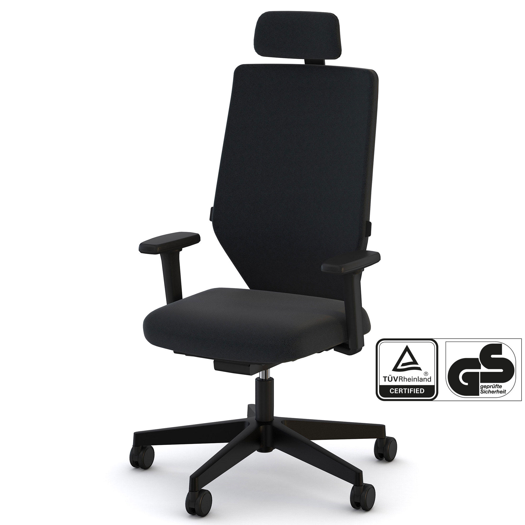 Bürostuhl Streamo mit Polsterrücken und Kopfstütze Schwarzer ergonomischer Bürostuhl mit hoher Rückenlehne und Kopfstütze, TÜV- und GS-zertifiziert