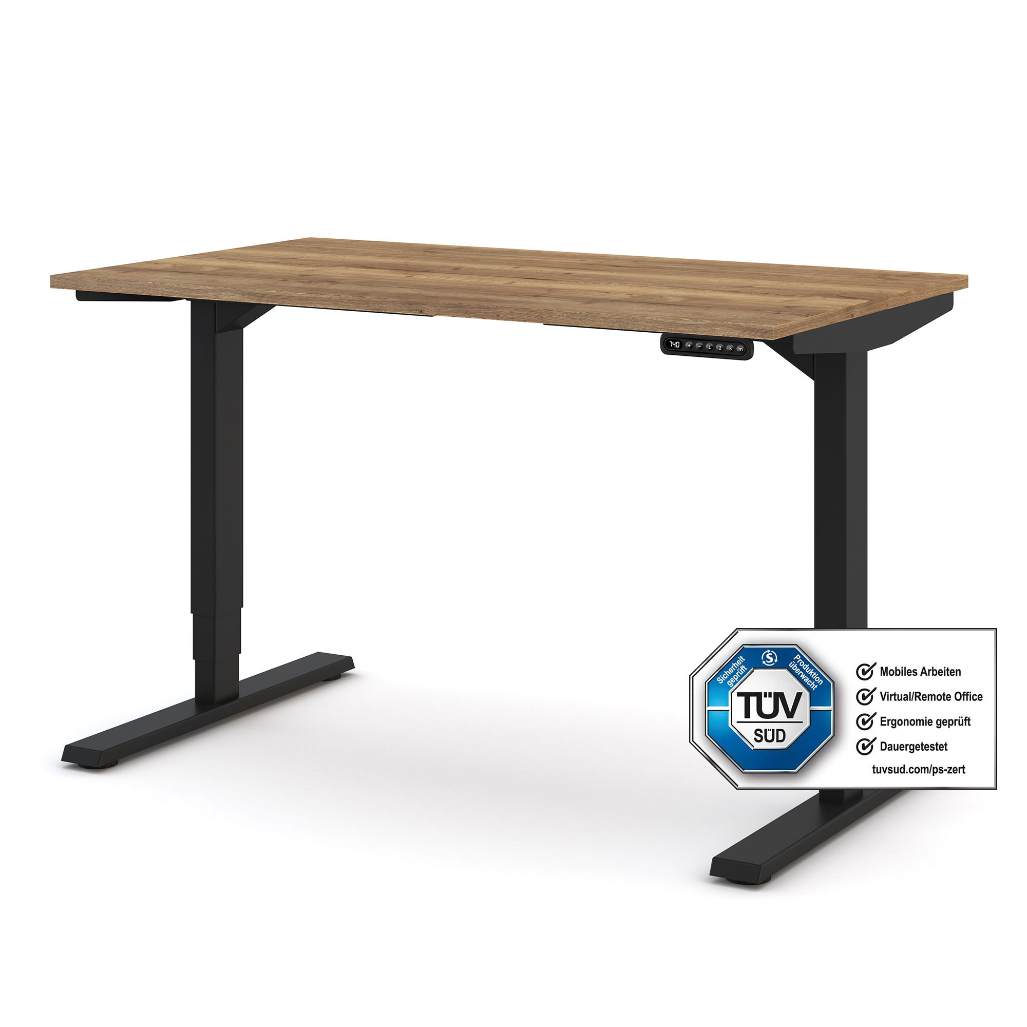 Höhenverstellbarer Schreibtisch mit Holzplatte und schwarzem Metallgestell, mit TÜV SÜD Zertifikat für ergonomisches und mobiles Arbeiten