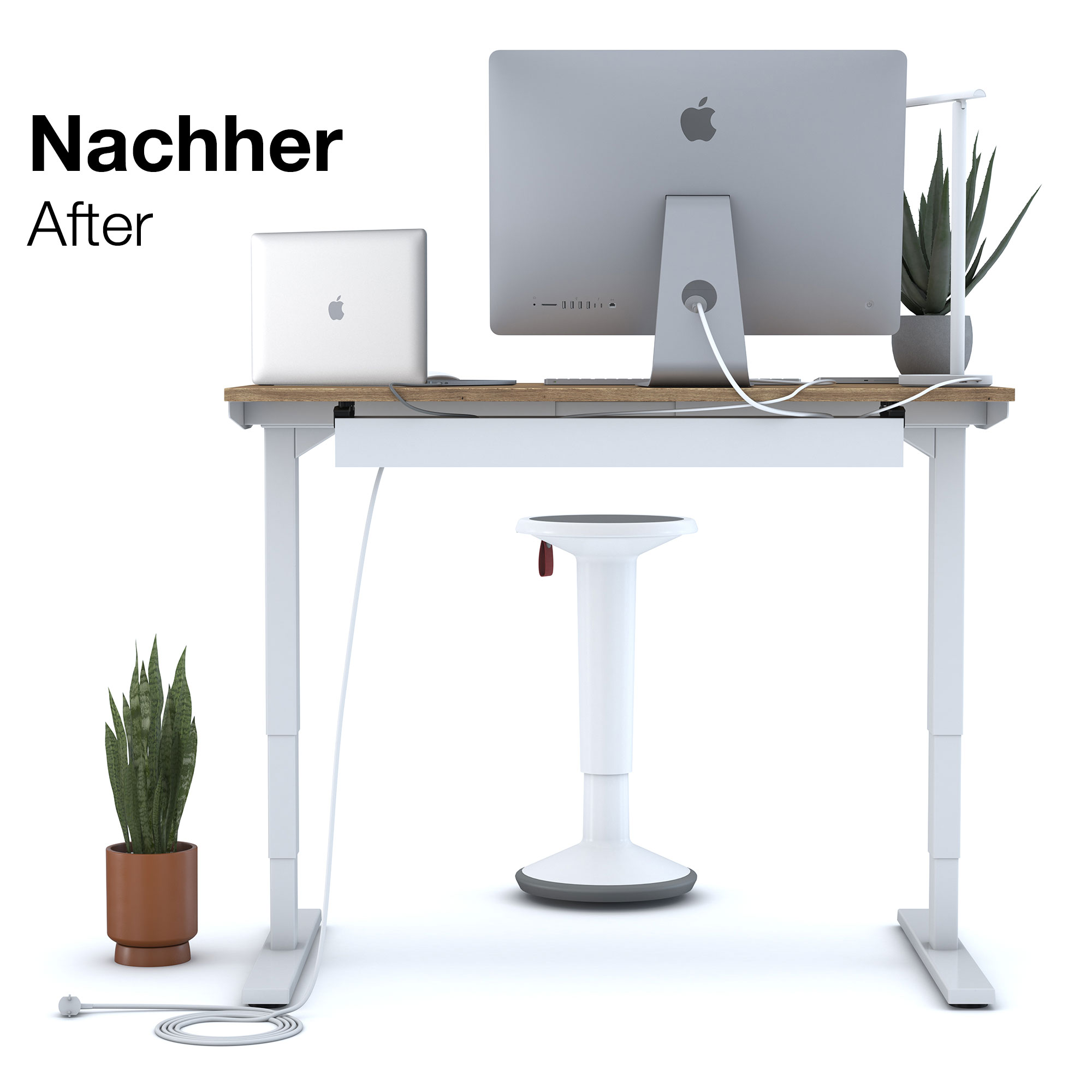 Schreibtisch mit Apple-Setup, Stehhocker und Pflanzen – Nachher-Situation
