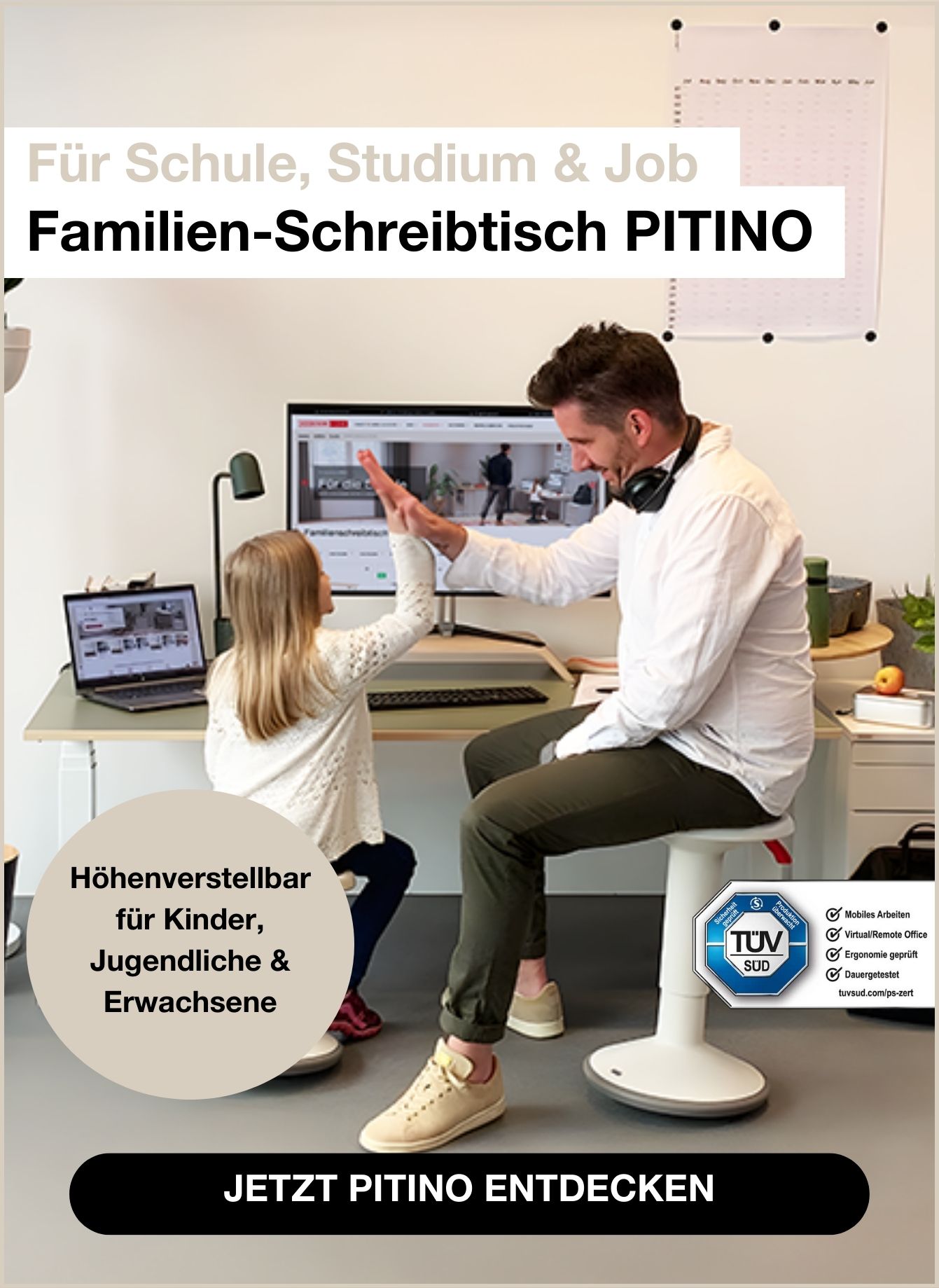 Familien-Schreibtisch PITINO mit Höhenverstellbarkeit, genutzt von einem Erwachsenen und einem Kind in einem modernen Arbeitsumfeld.
