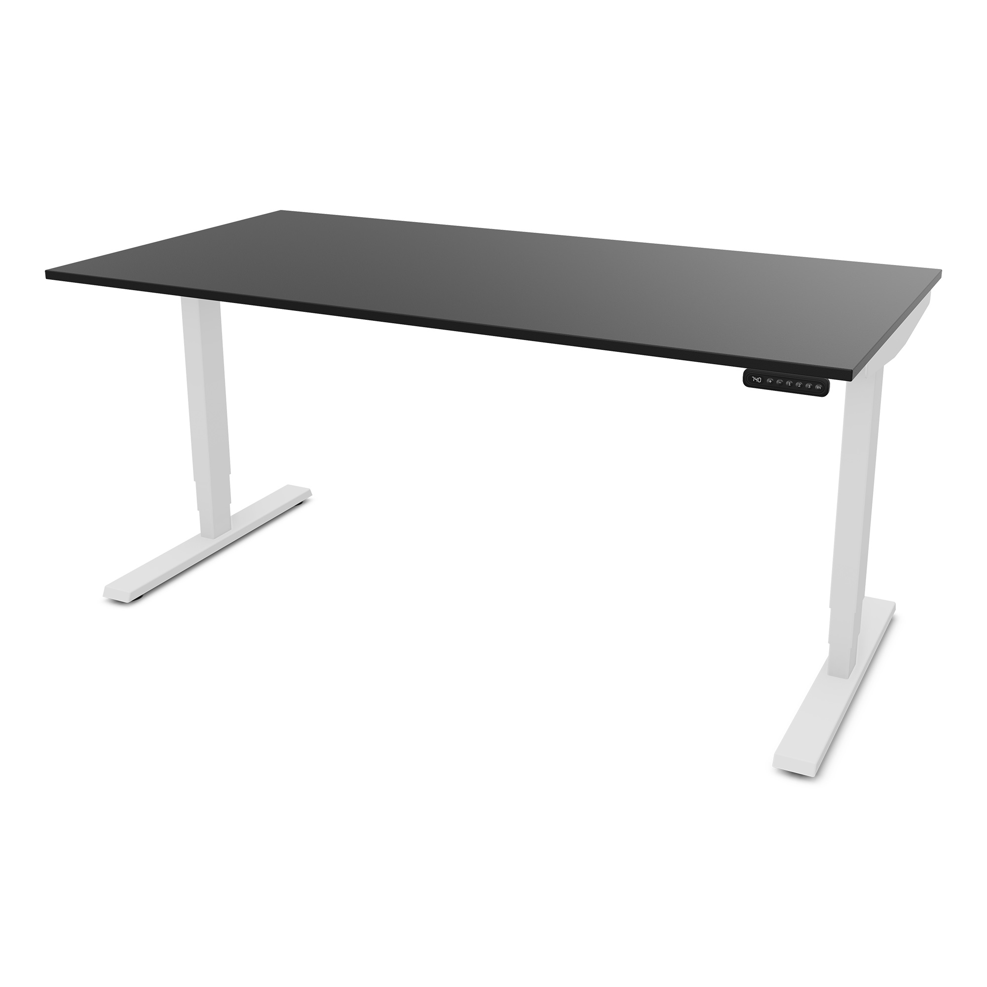 Elektrisch höhenverstellbarer Schreibtisch Y-Line Ein höhenverstellbarer Schreibtisch mit schwarzer Tischplatte und weißen Beinen.