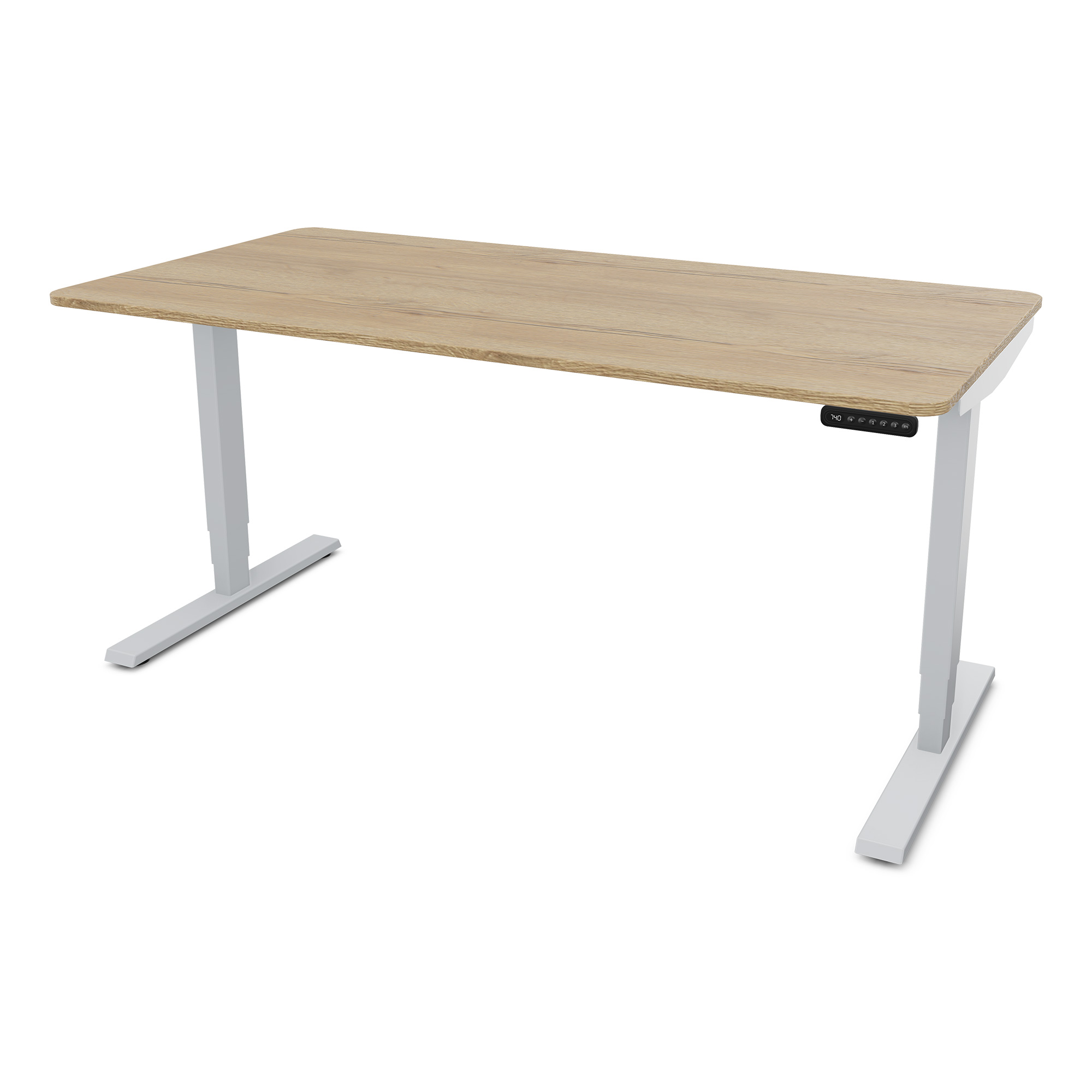 Ein moderner Schreibtisch mit einer hellen Holzplatte und weißen Metallbeinen.