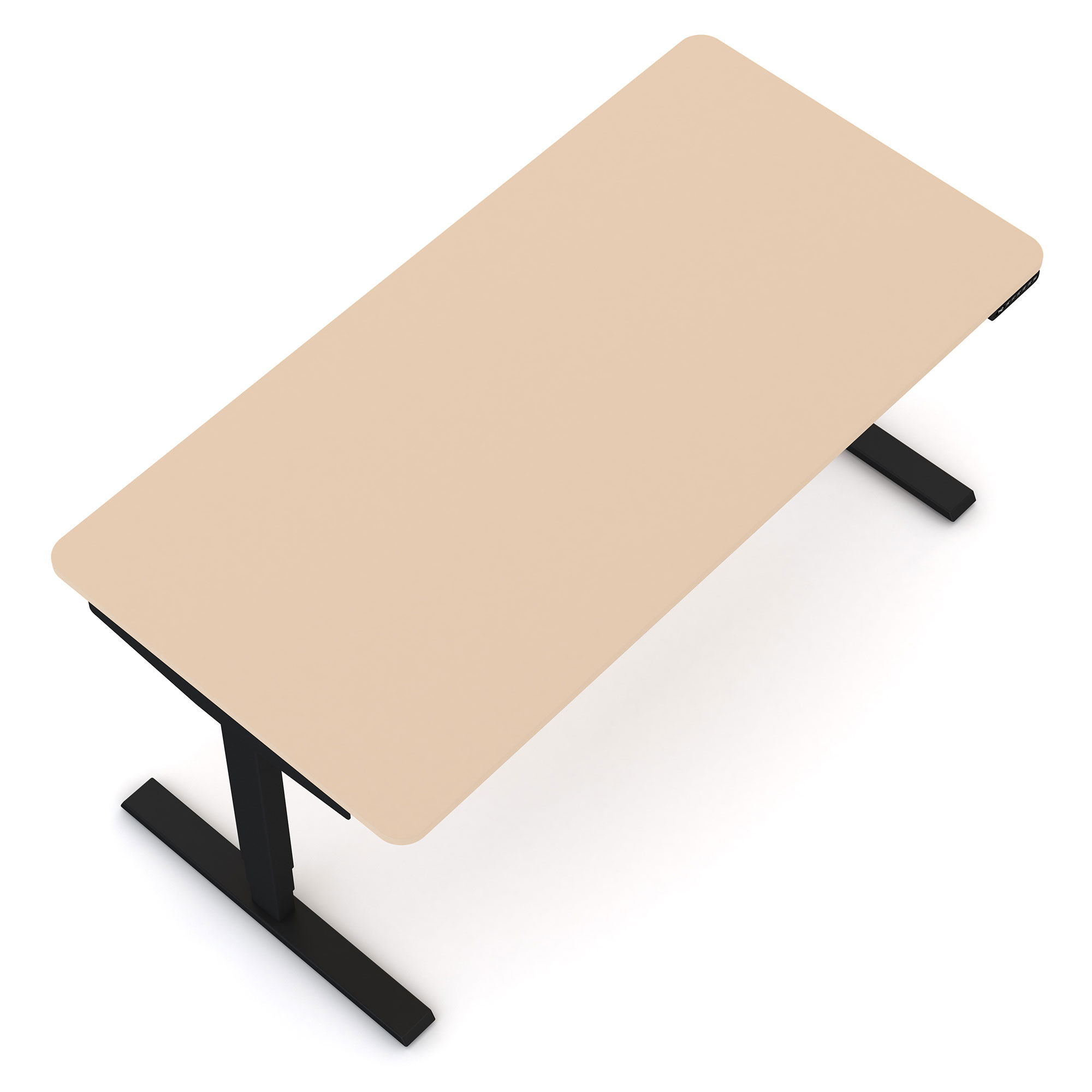Höhenverstellbarer Schreibtisch mit sandfarbener Tischplatte und schwarzem Gestell.